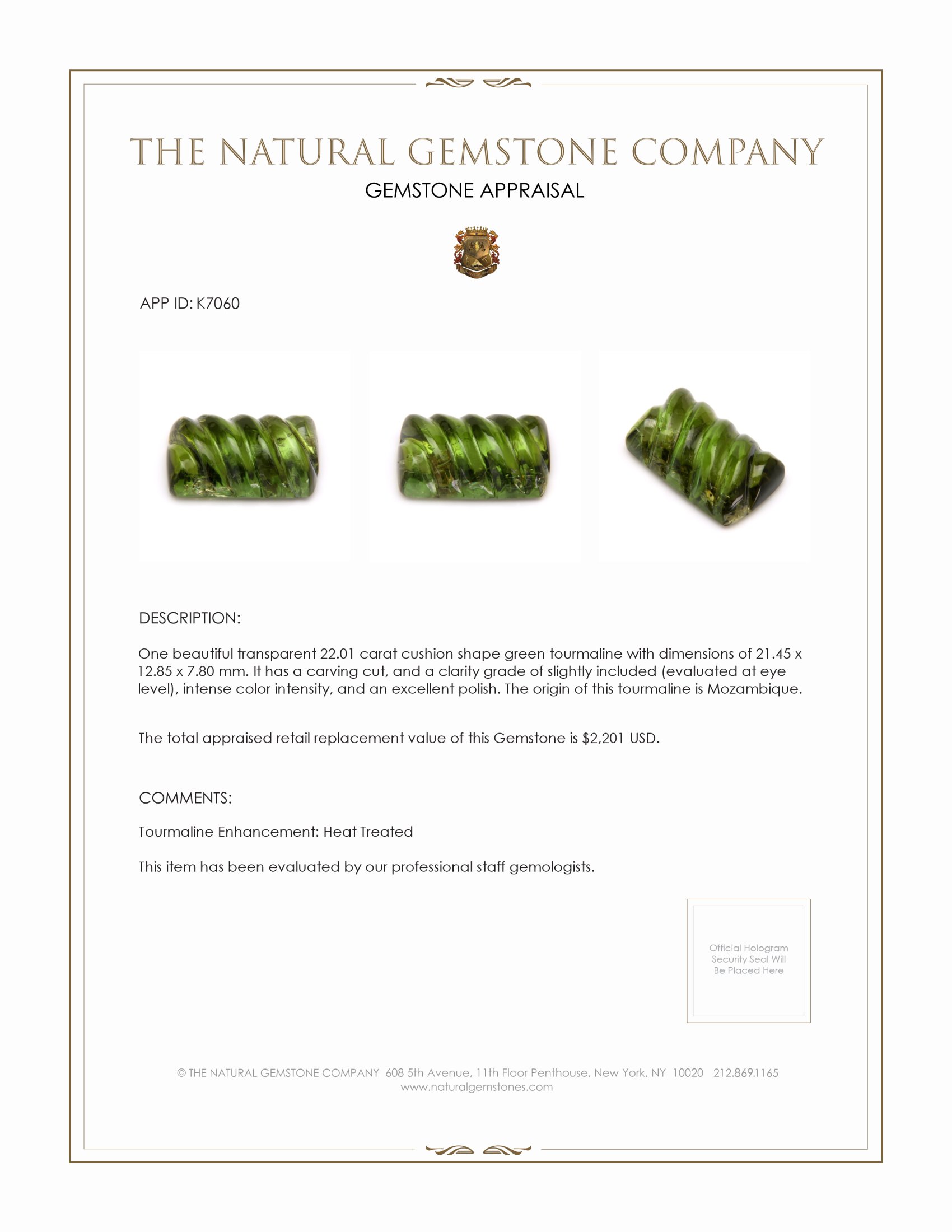 22.01 Ct. Green Tourmaline from Mozambique