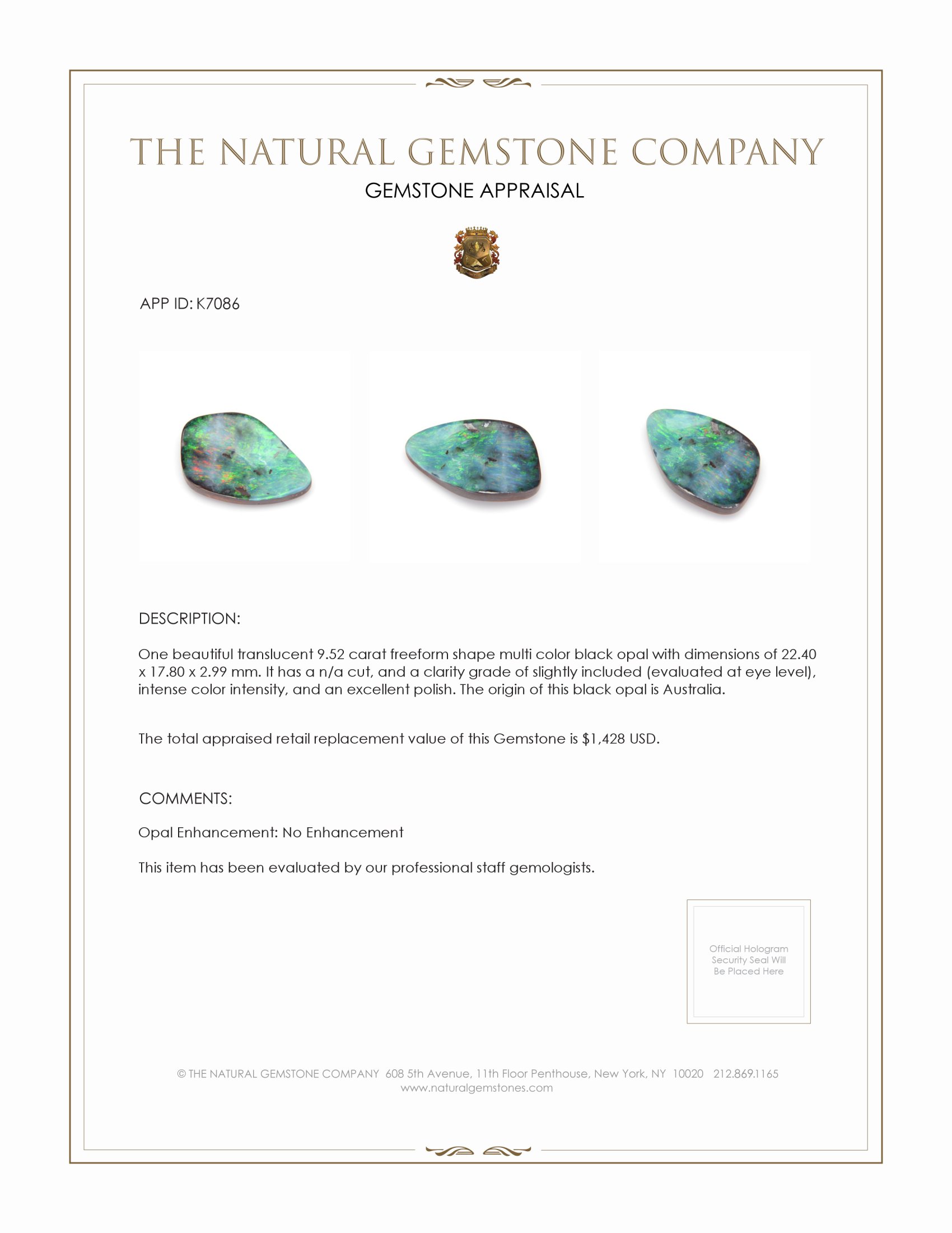 9.52 Ct. Black Opal from Australia