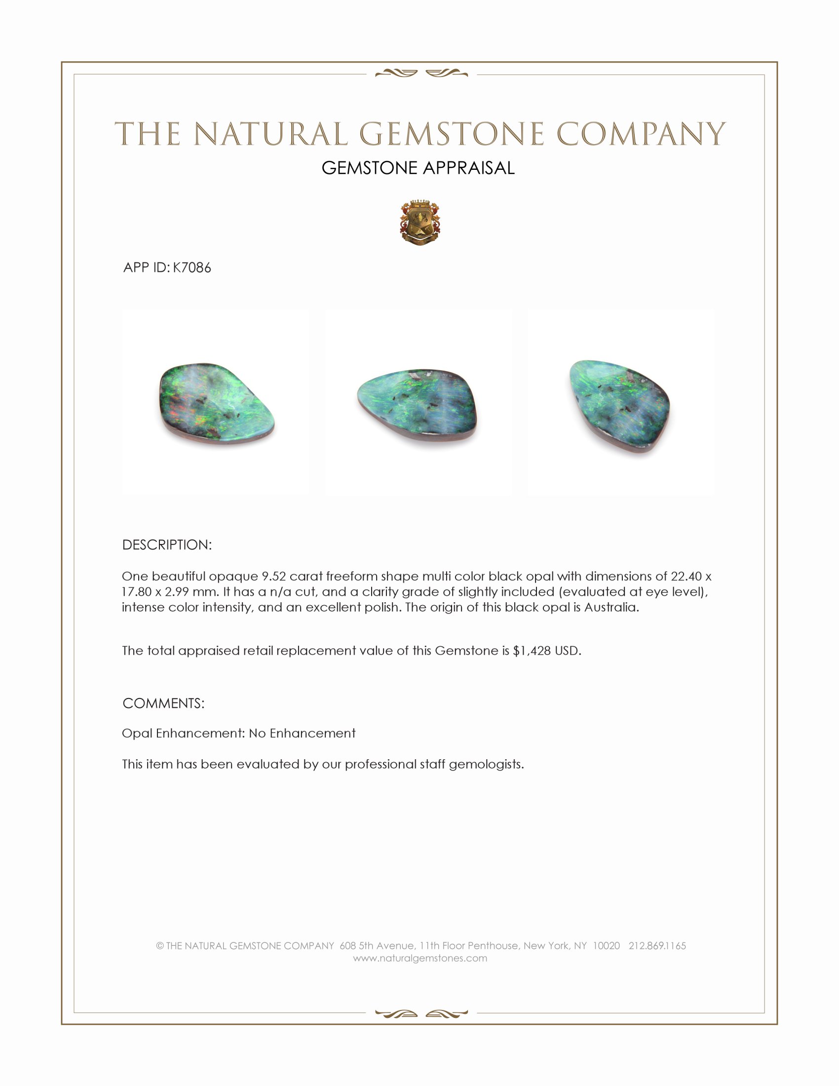 9.52 Ct. Black Opal from Australia