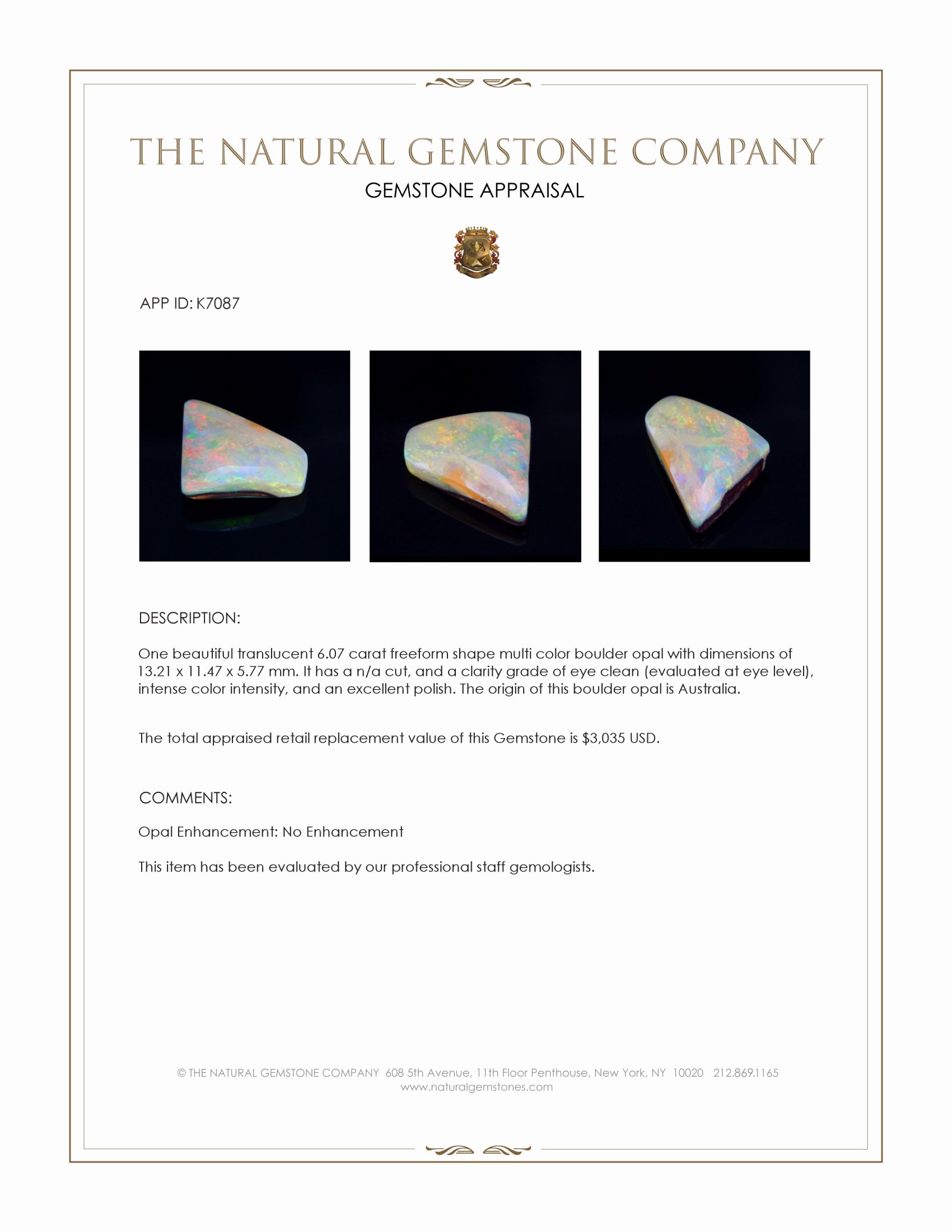 6.07 Ct. Multi Color Boulder Opal (Ironstone Opal) from Australia
