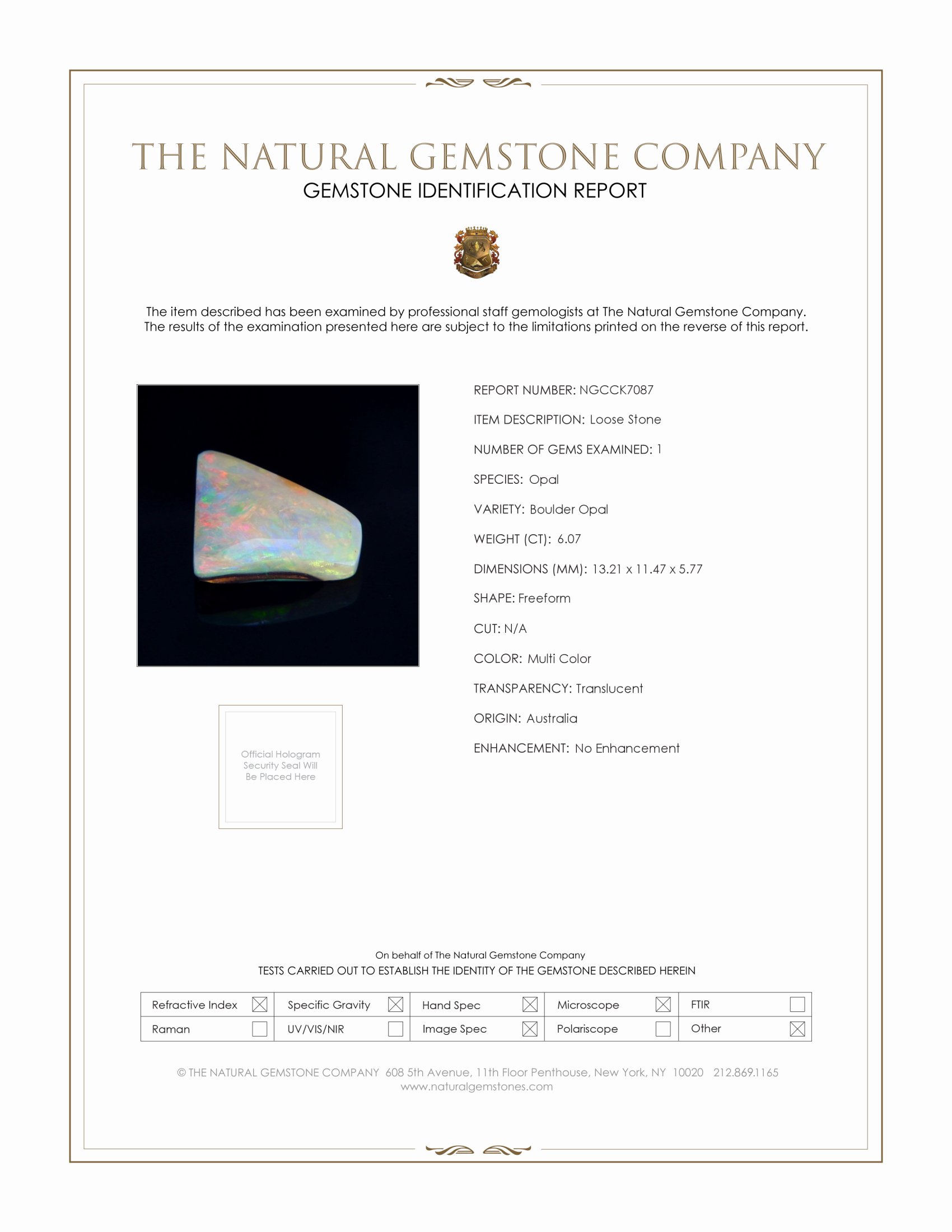 6.07 Ct. Multi Color Boulder Opal from Australia