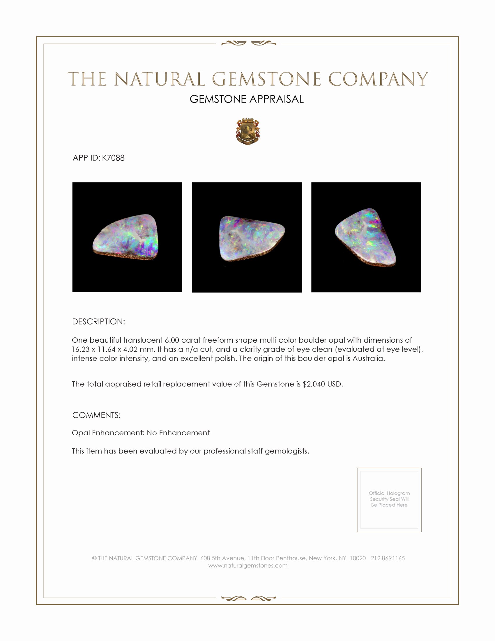 6.00 Ct. Boulder Opal from Australia