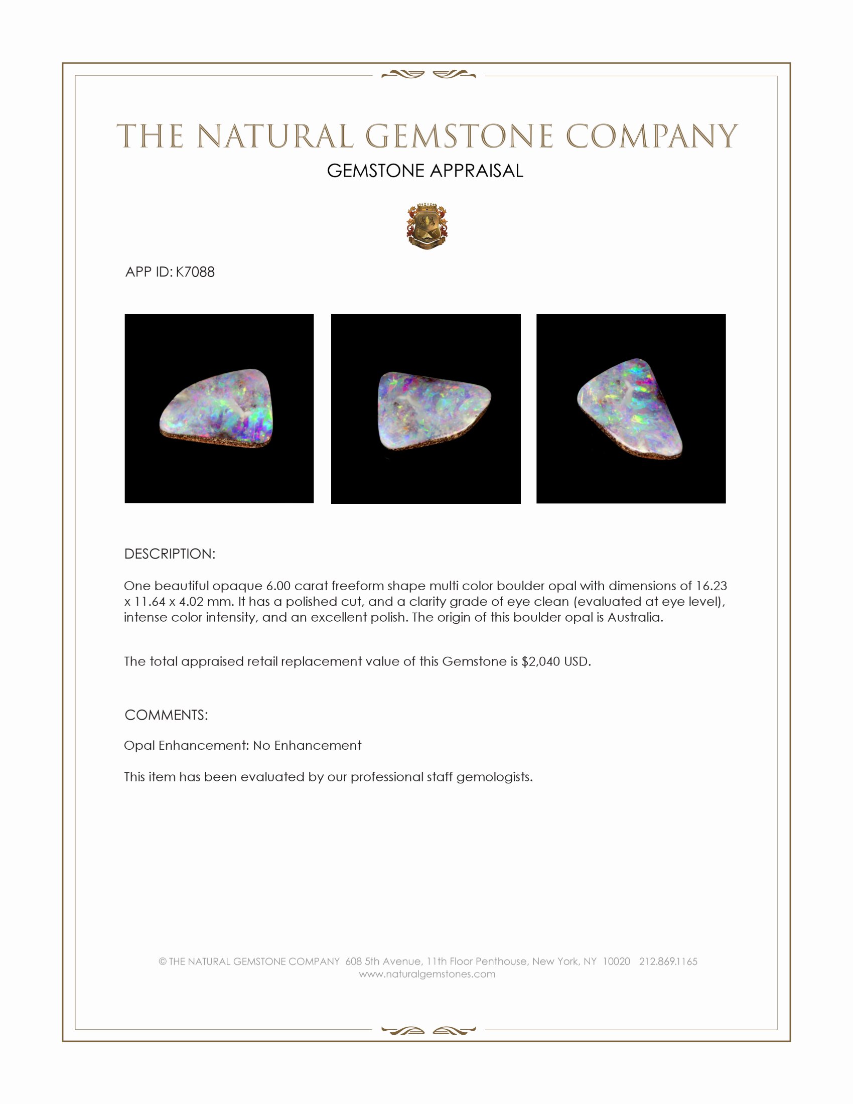 6.00 Ct. Boulder Opal from Australia