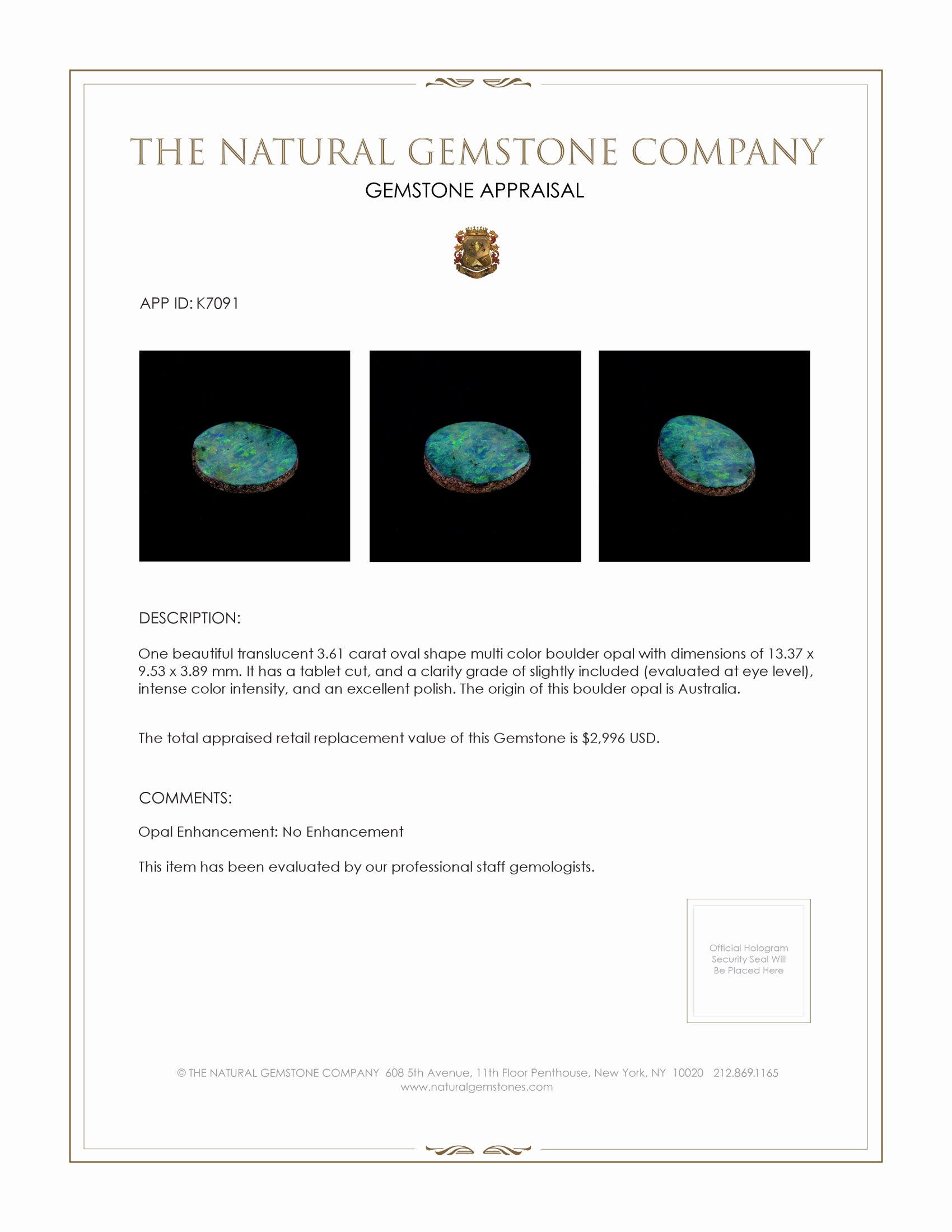 3.61 Ct. Boulder Opal from Australia