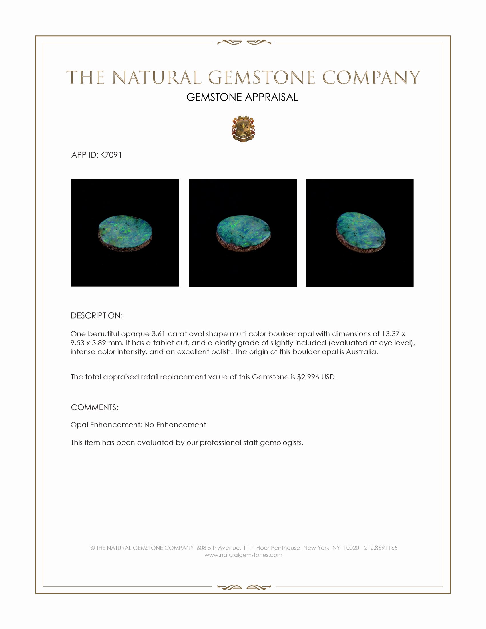 3.61 Ct. Multi Color Boulder Opal from Australia