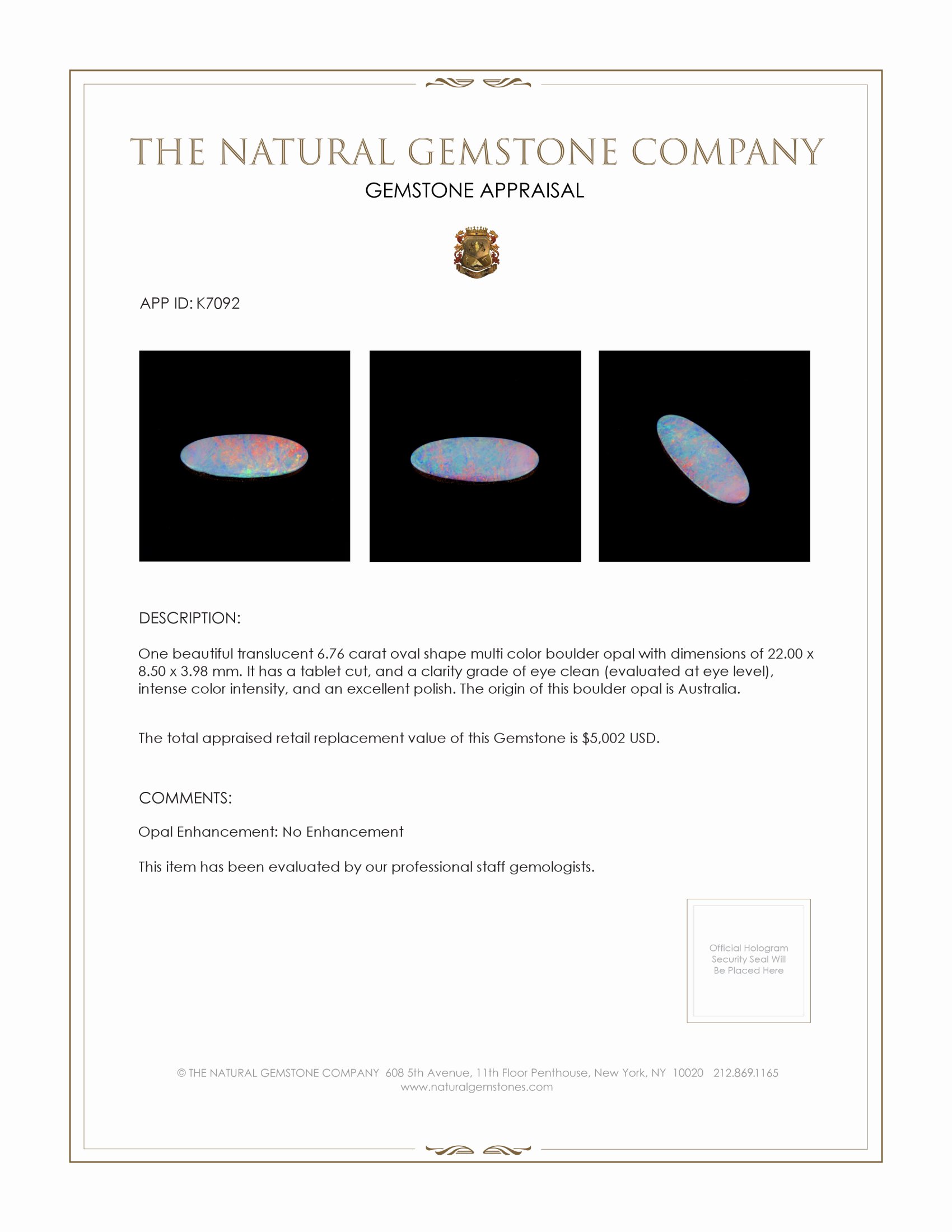 6.76 Ct. Boulder Opal from Australia