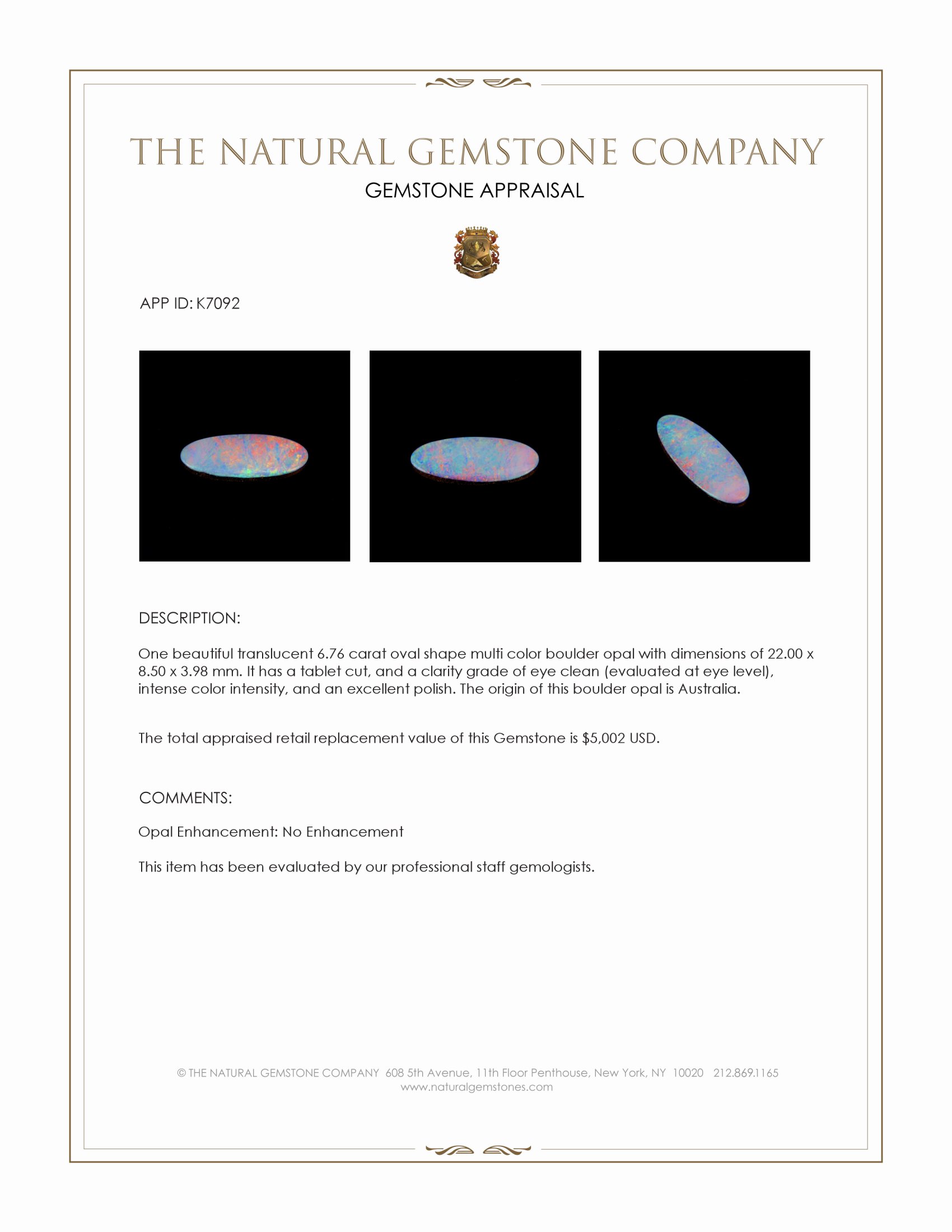 6.76 Ct. Multi Color Boulder Opal from Australia