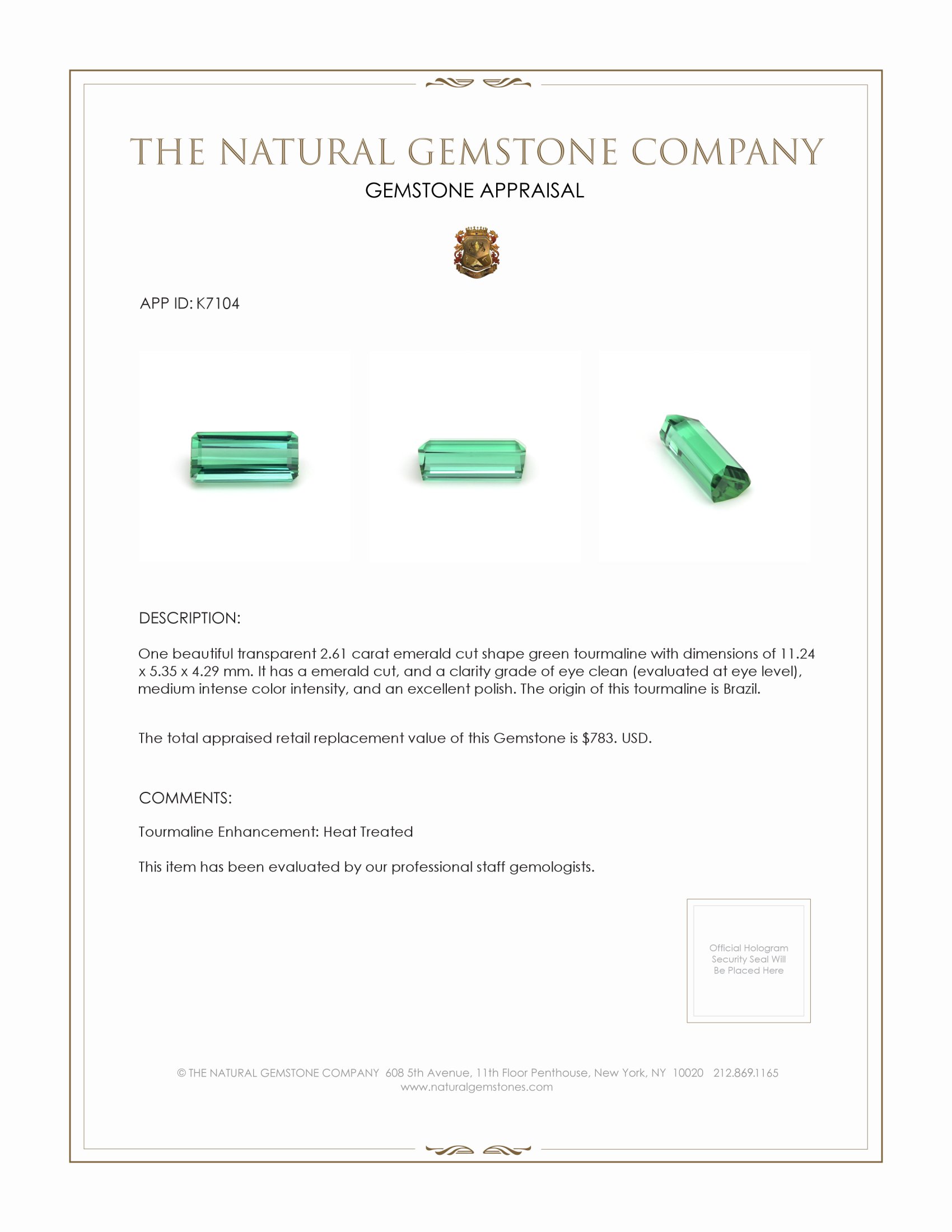 2.61 Ct. Green Tourmaline from Brazil