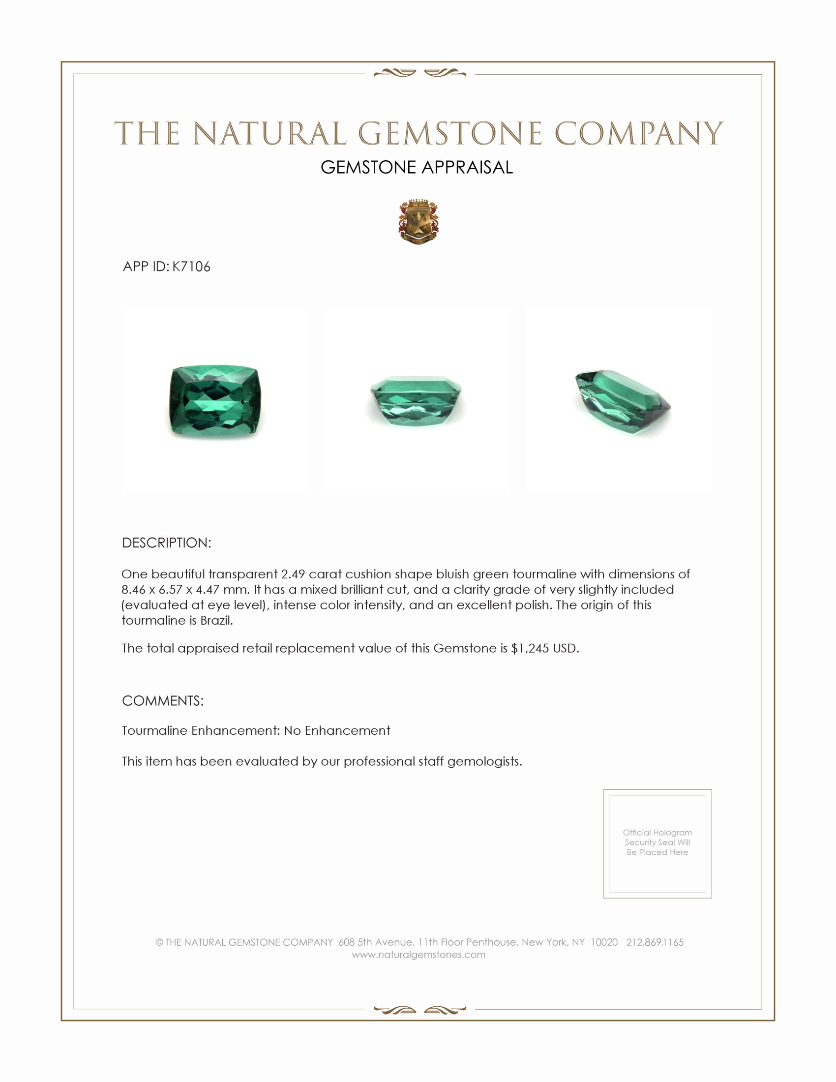2.49 Ct. Bluish Green Tourmaline from Brazil
