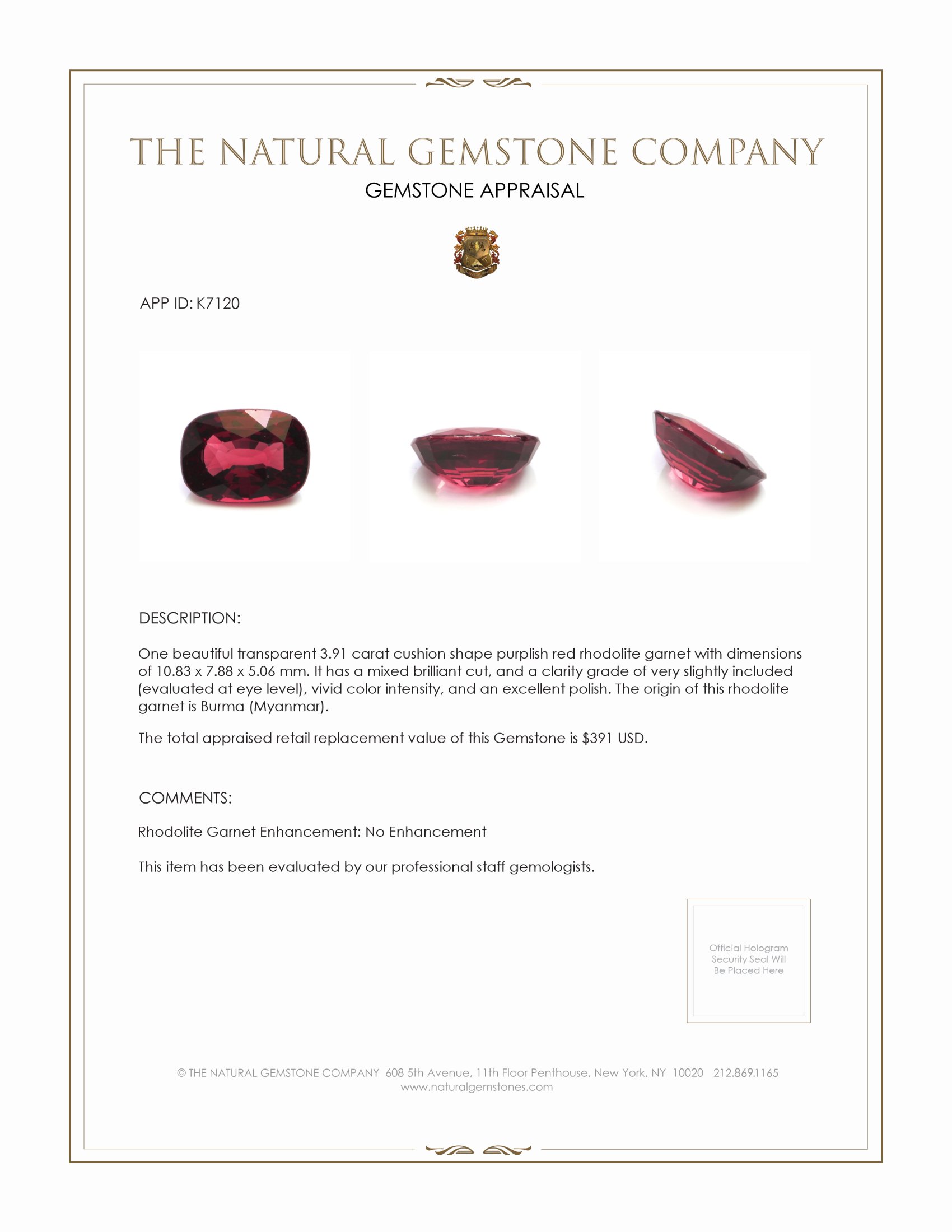 3.91 Ct. Rhodolite Garnet from Burma (Myanmar)