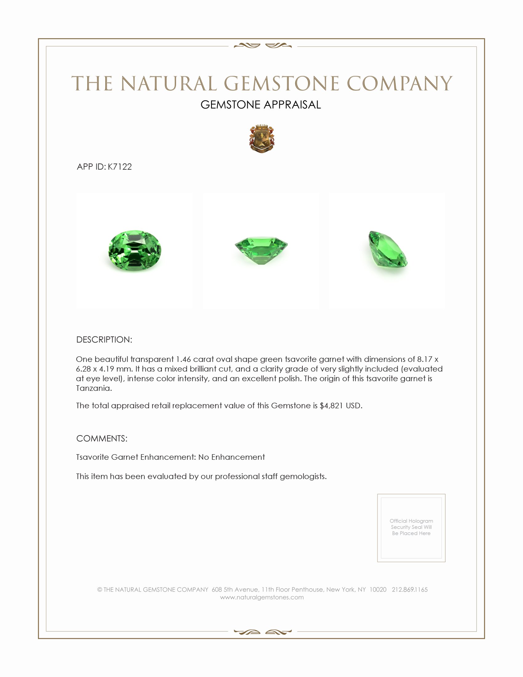 1.46 Ct. Tsavorite Garnet from Tanzania