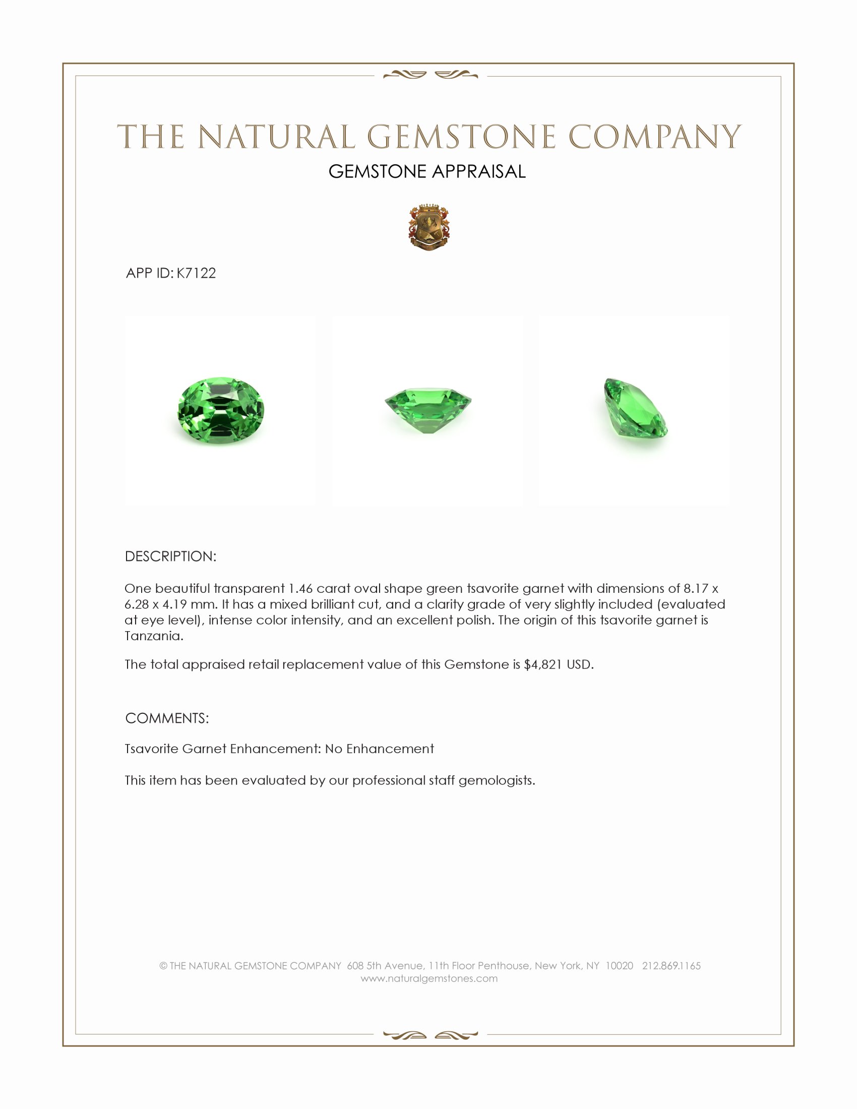 1.46 Ct. Tsavorite Garnet from Tanzania
