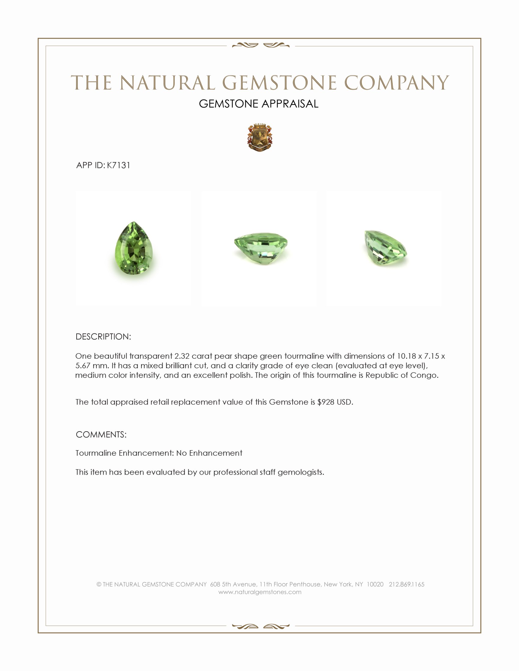 2.32 Ct. Green Tourmaline from Republic of Congo