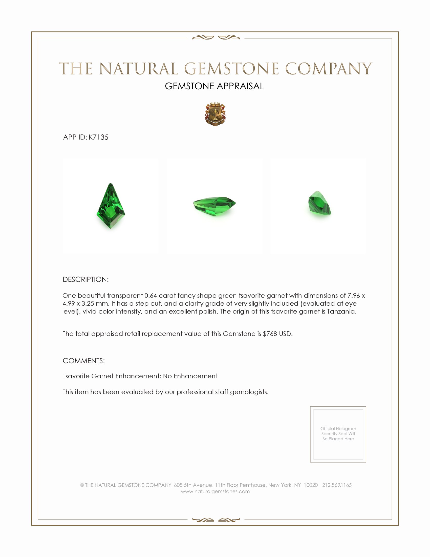 0.64 Ct. Tsavorite Garnet from Tanzania