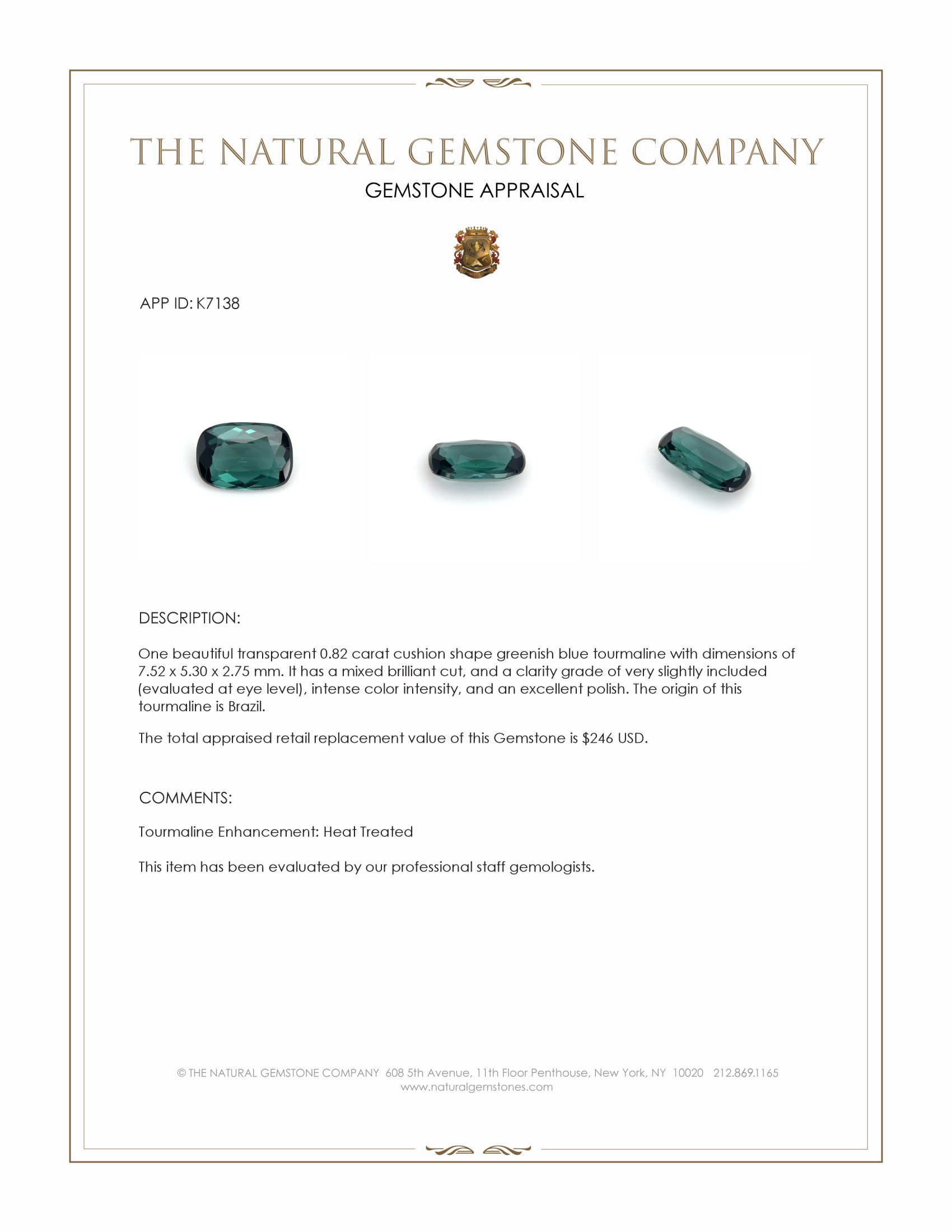 0.82 Ct. Greenish Blue Tourmaline from Brazil