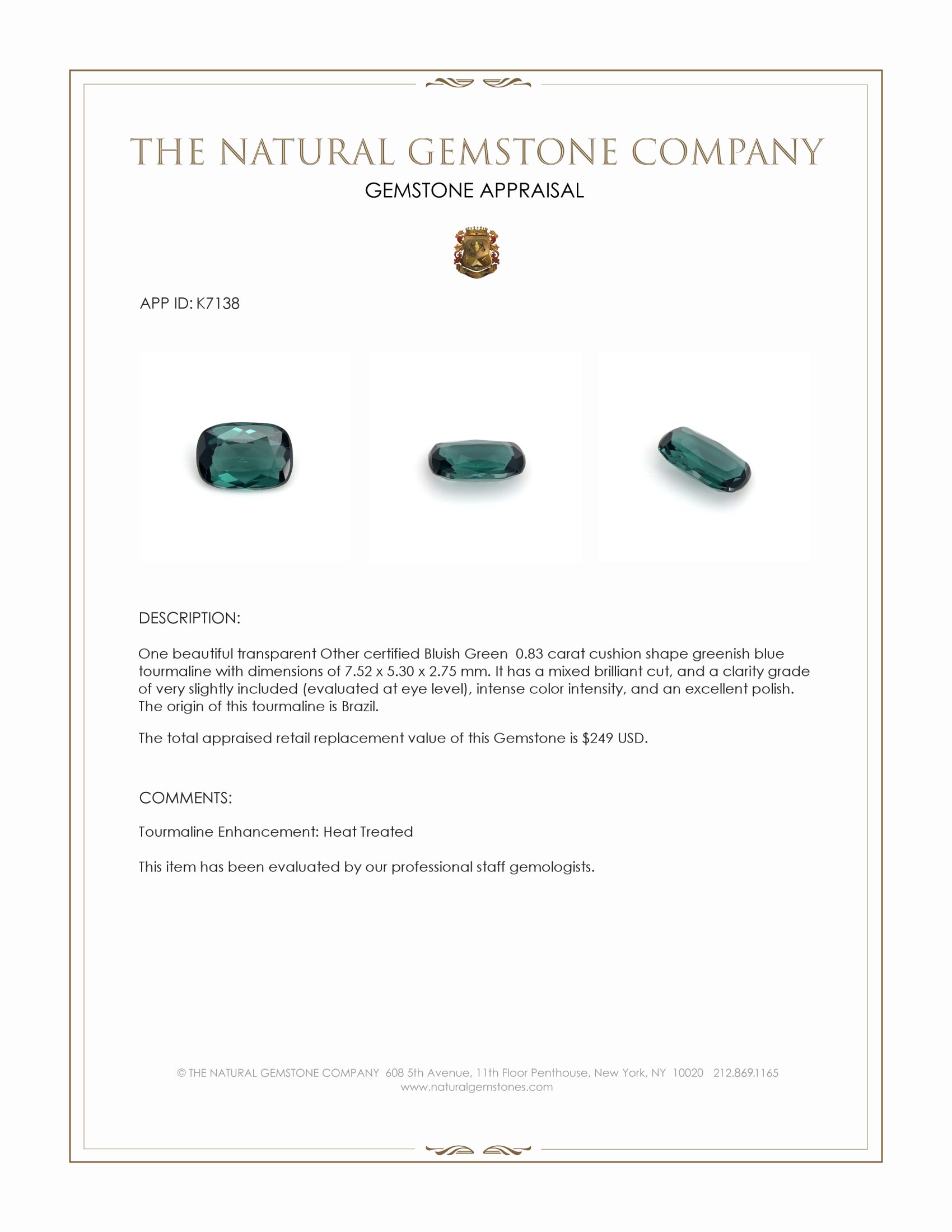 0.83 Ct. Greenish Blue Tourmaline from Brazil
