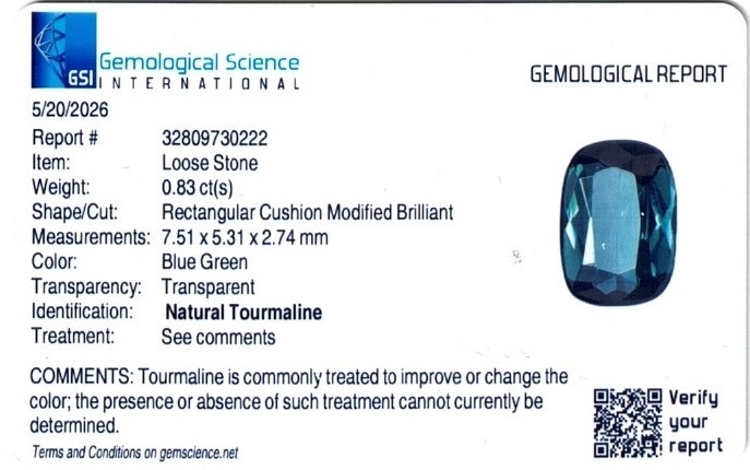 0.83 Ct. Greenish Blue Tourmaline from Brazil