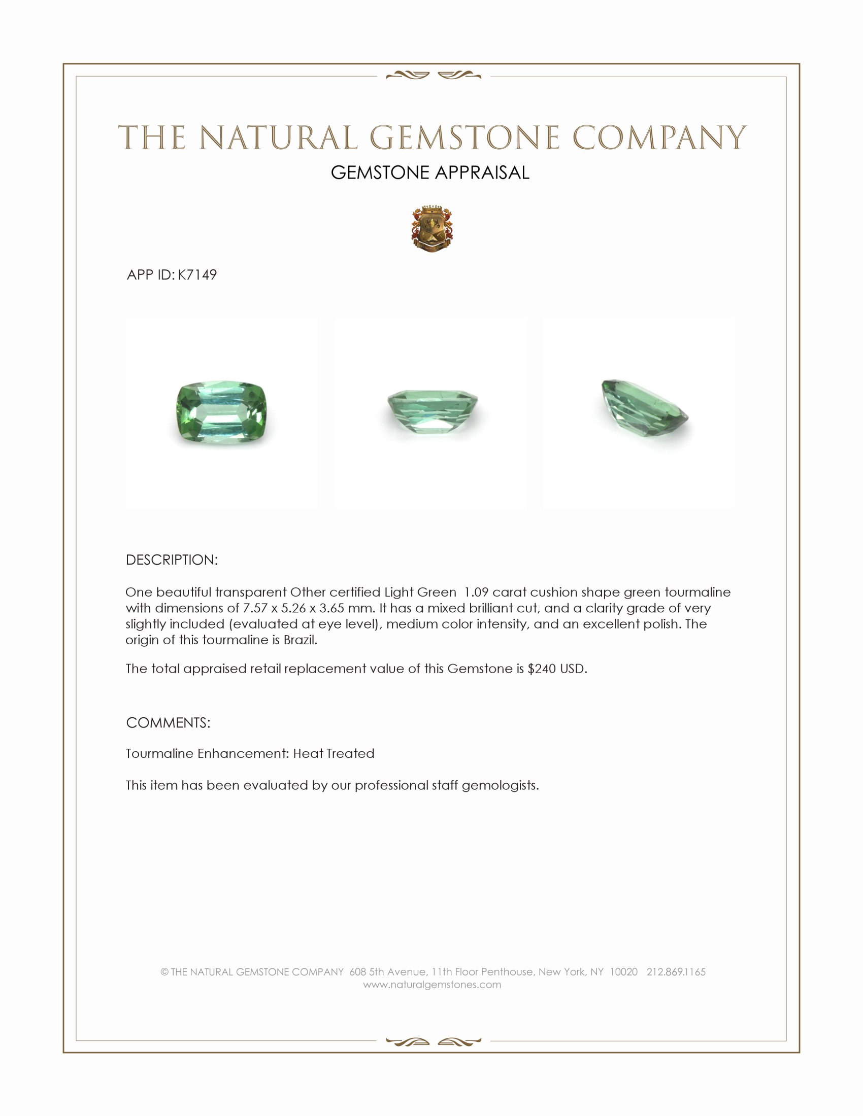 1.09 Ct. Green Tourmaline from Brazil