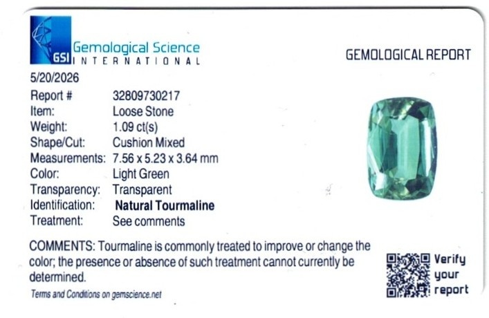 1.09 Ct. Green Tourmaline from Brazil