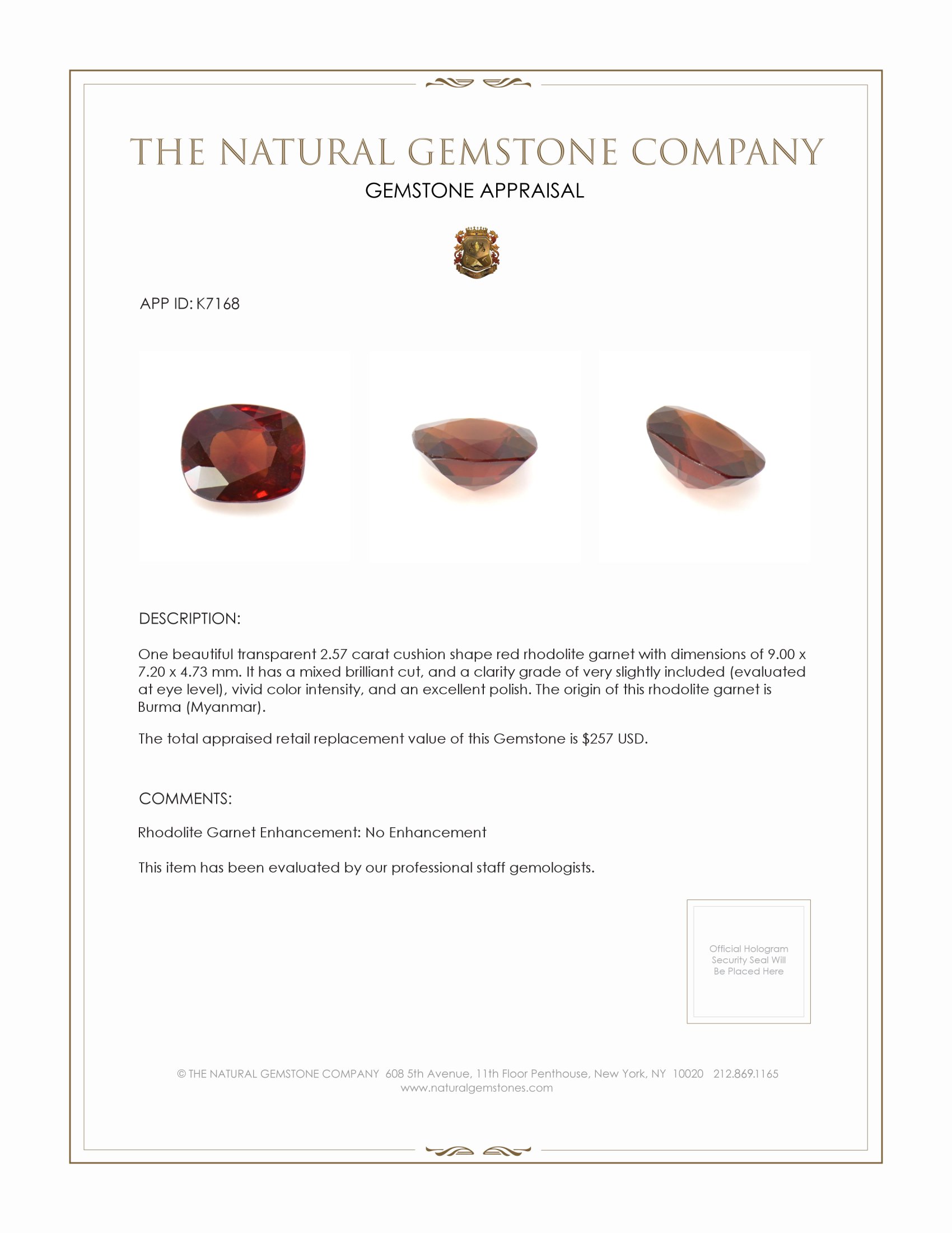2.57 Ct. Rhodolite Garnet from Burma (Myanmar)