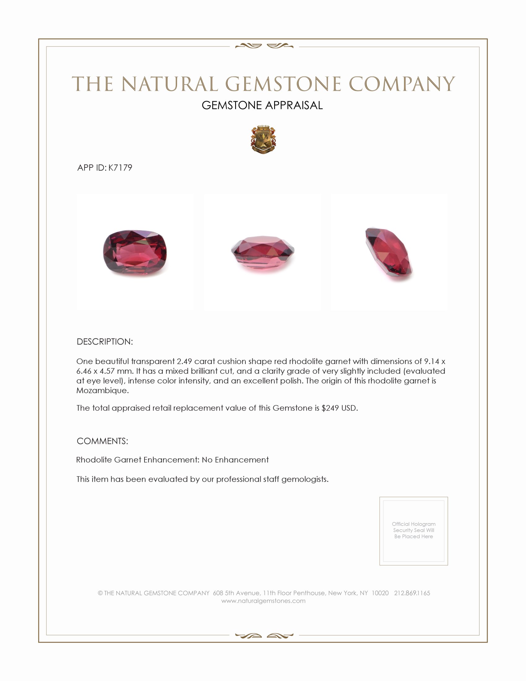 2.49 Ct. Red Rhodolite Garnet from Mozambique