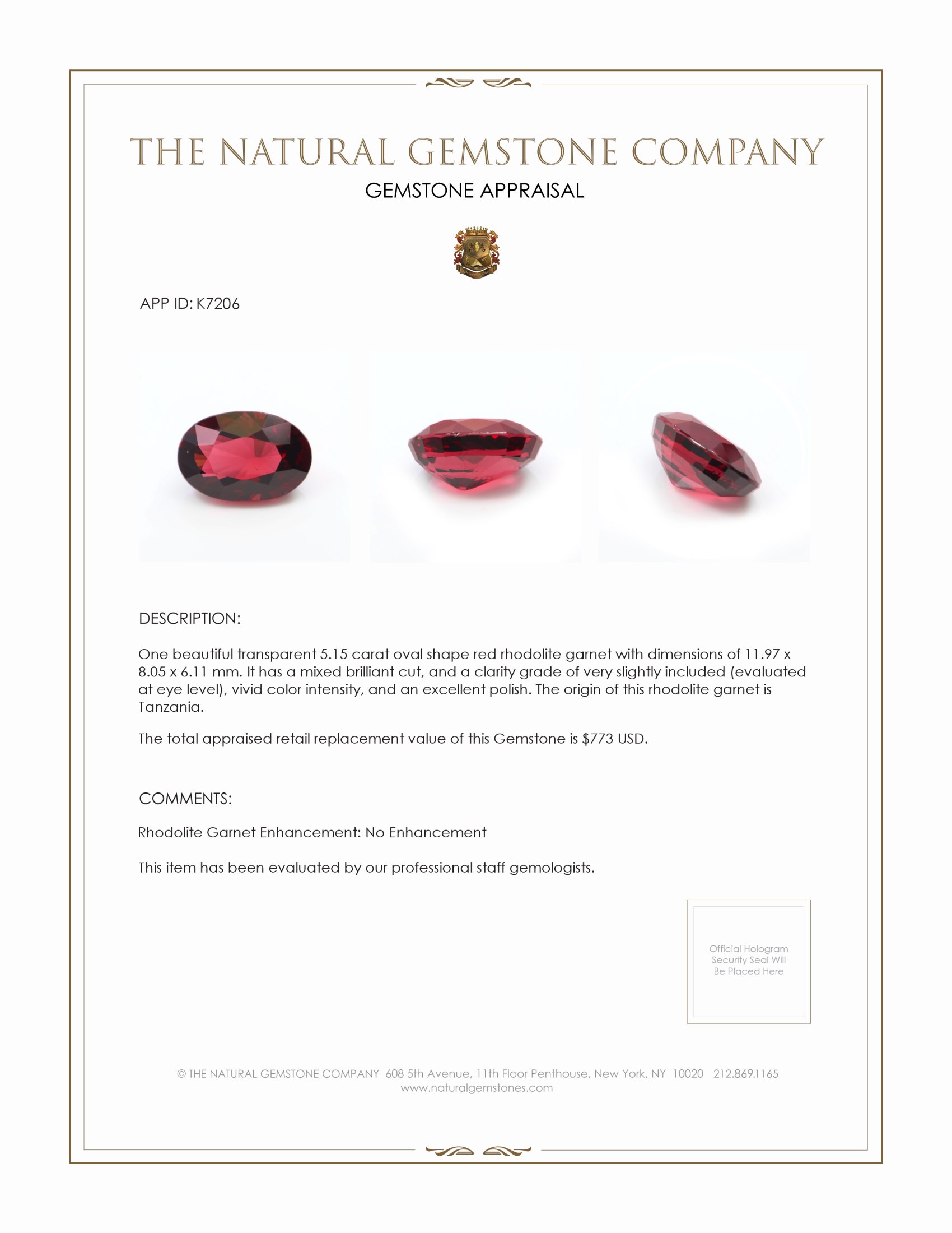 5.15 Ct. Rhodolite Garnet from Tanzania
