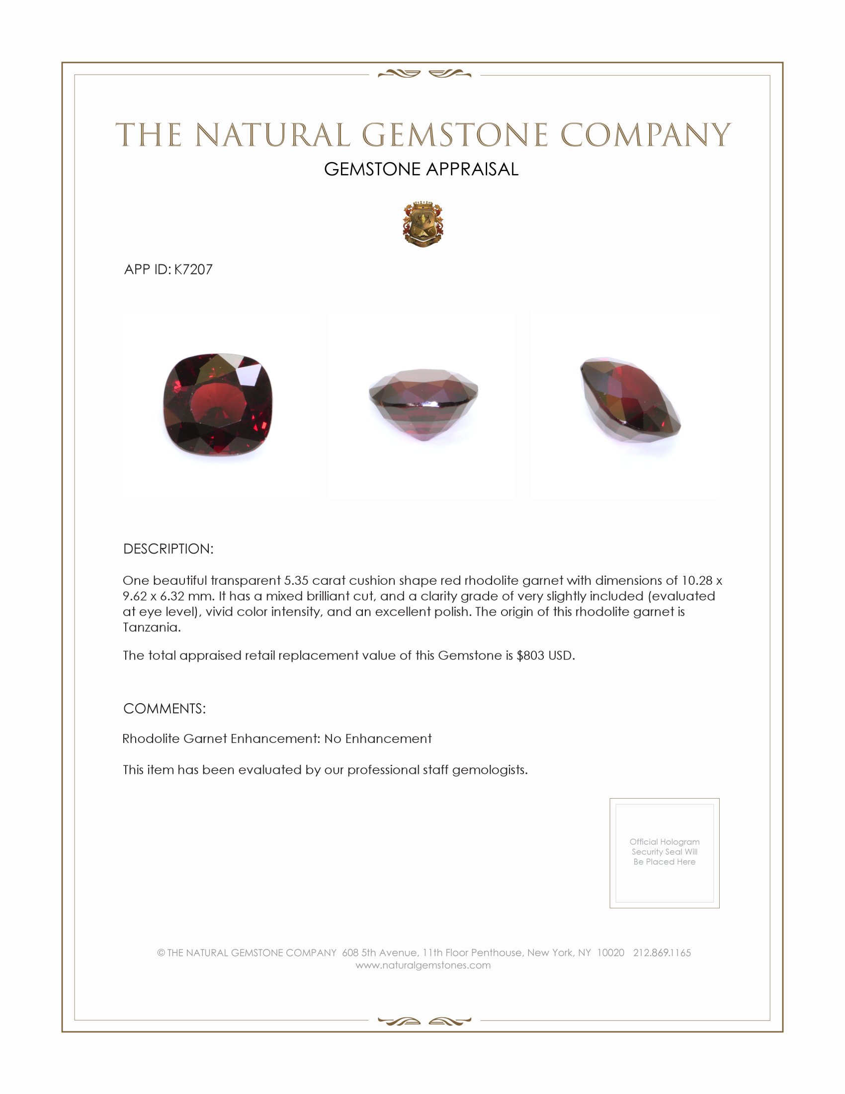 5.35 Ct. Rhodolite Garnet from Tanzania