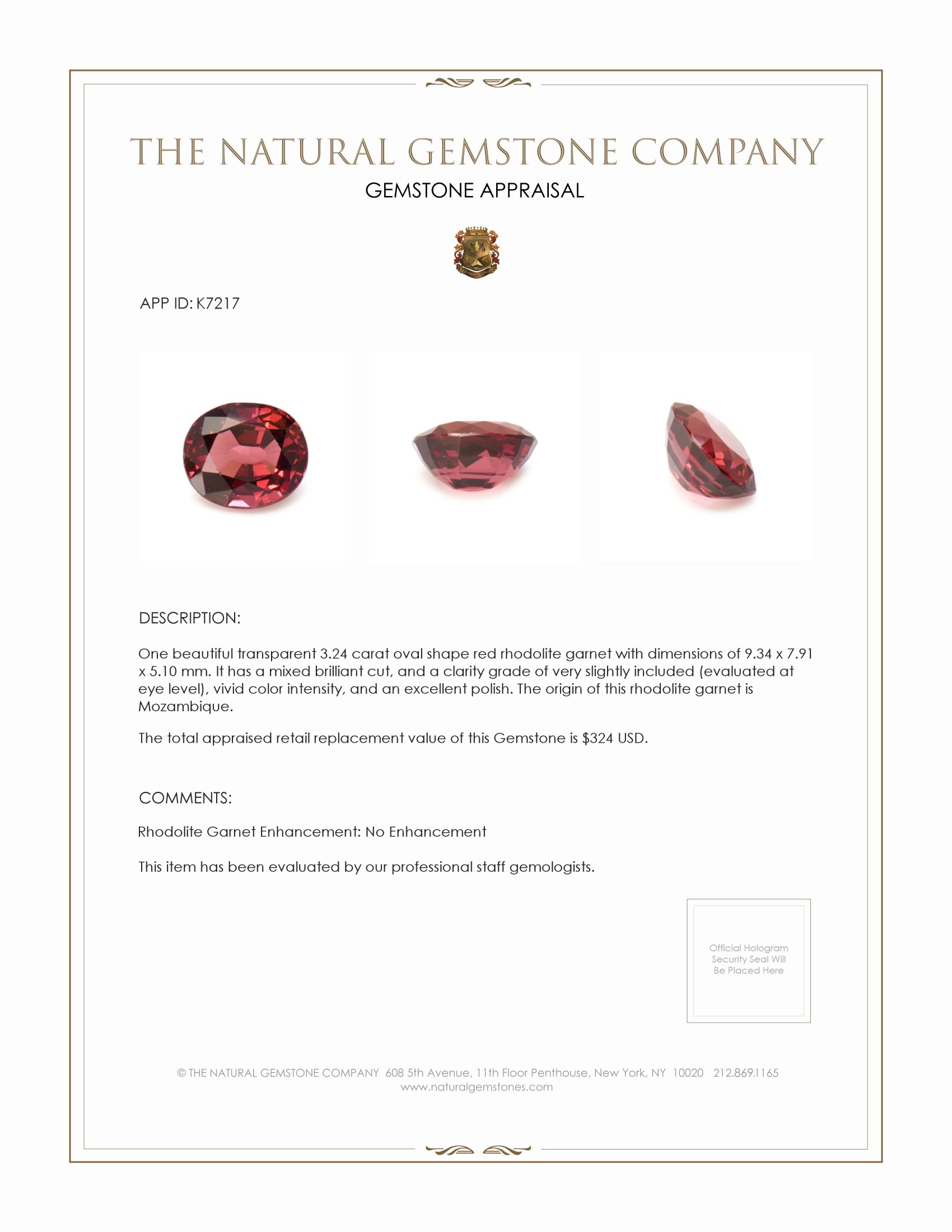 3.24 Ct. Red Rhodolite Garnet from Mozambique