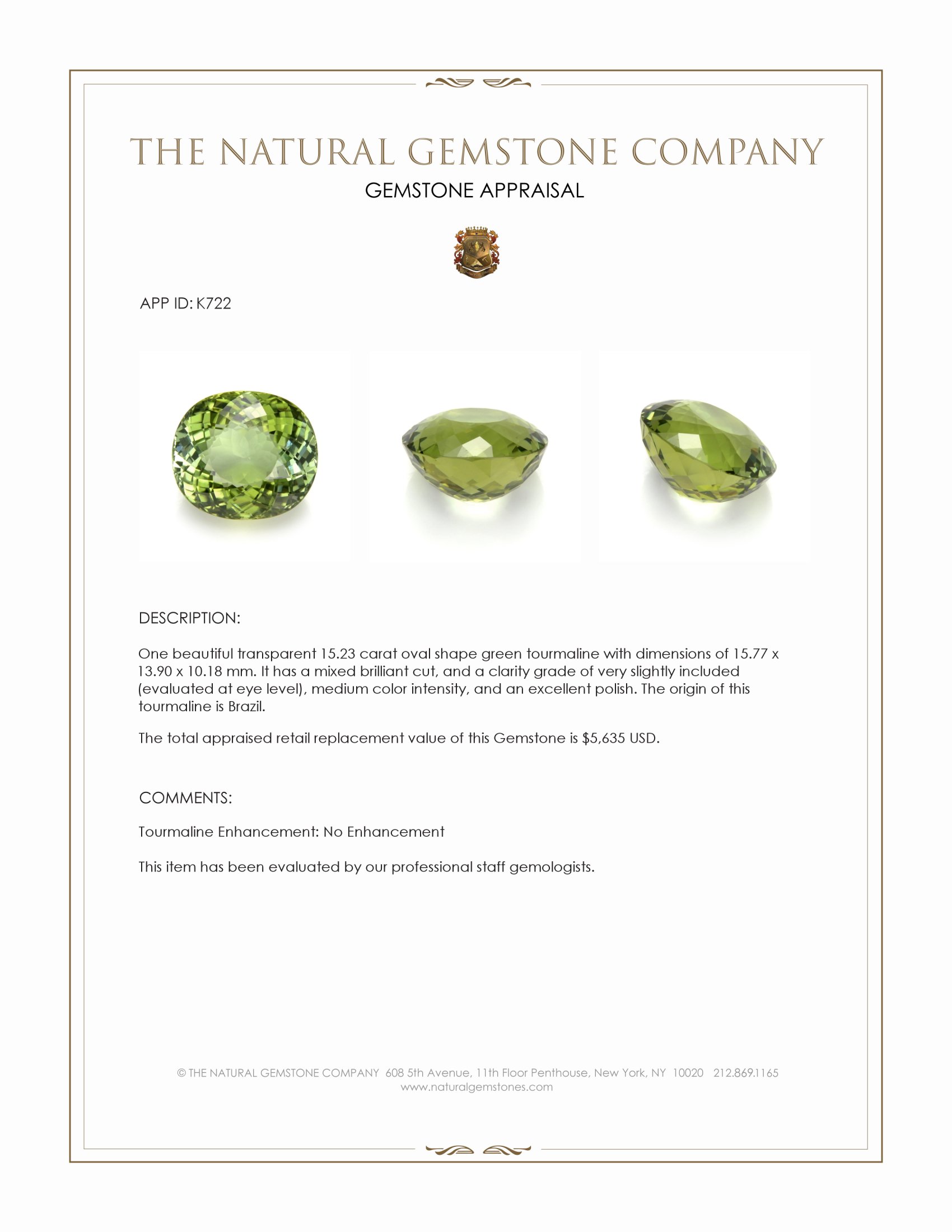 15.23 Ct. Green Tourmaline from Brazil