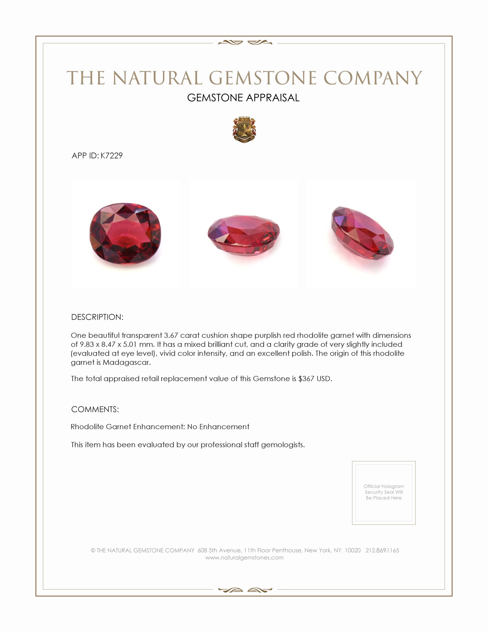 3.67 Ct. Purplish Red Rhodolite Garnet from Madagascar