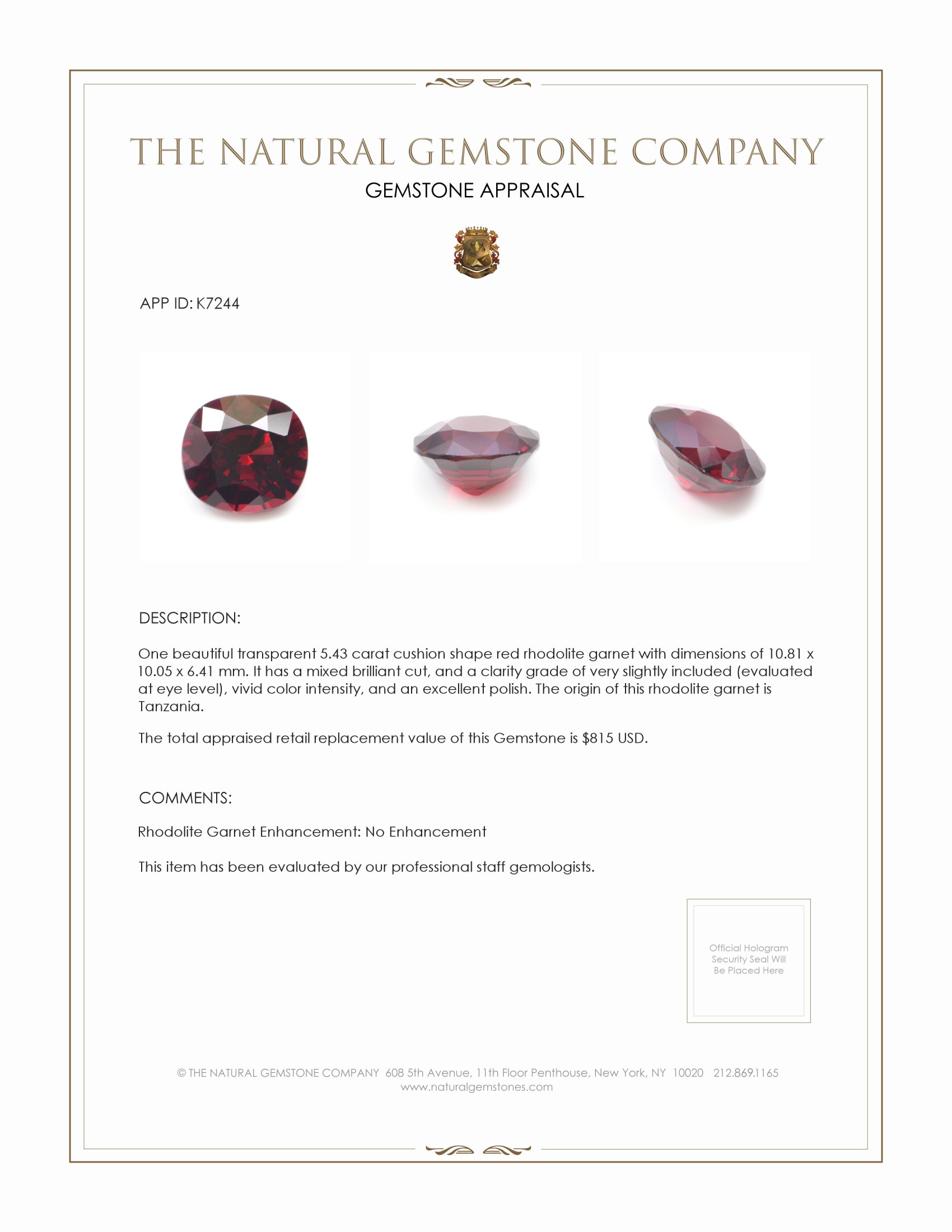5.43 Ct. Rhodolite Garnet from Tanzania