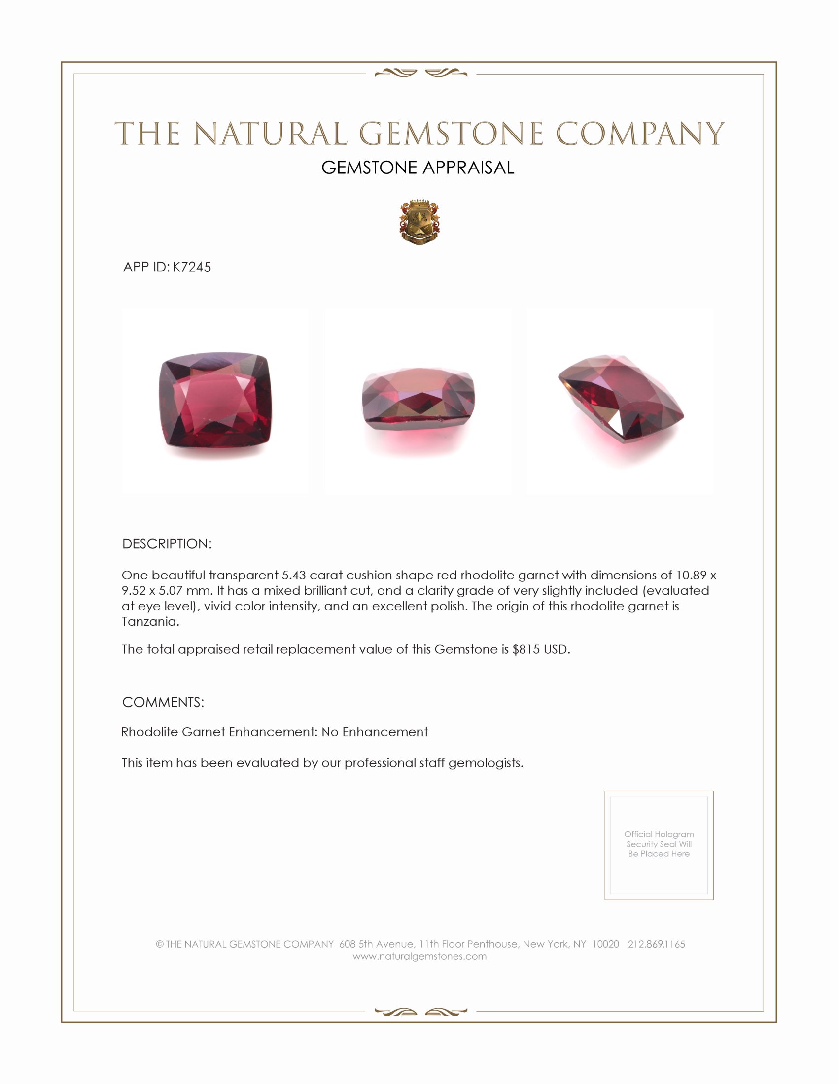 5.43 Ct. Rhodolite Garnet from Tanzania