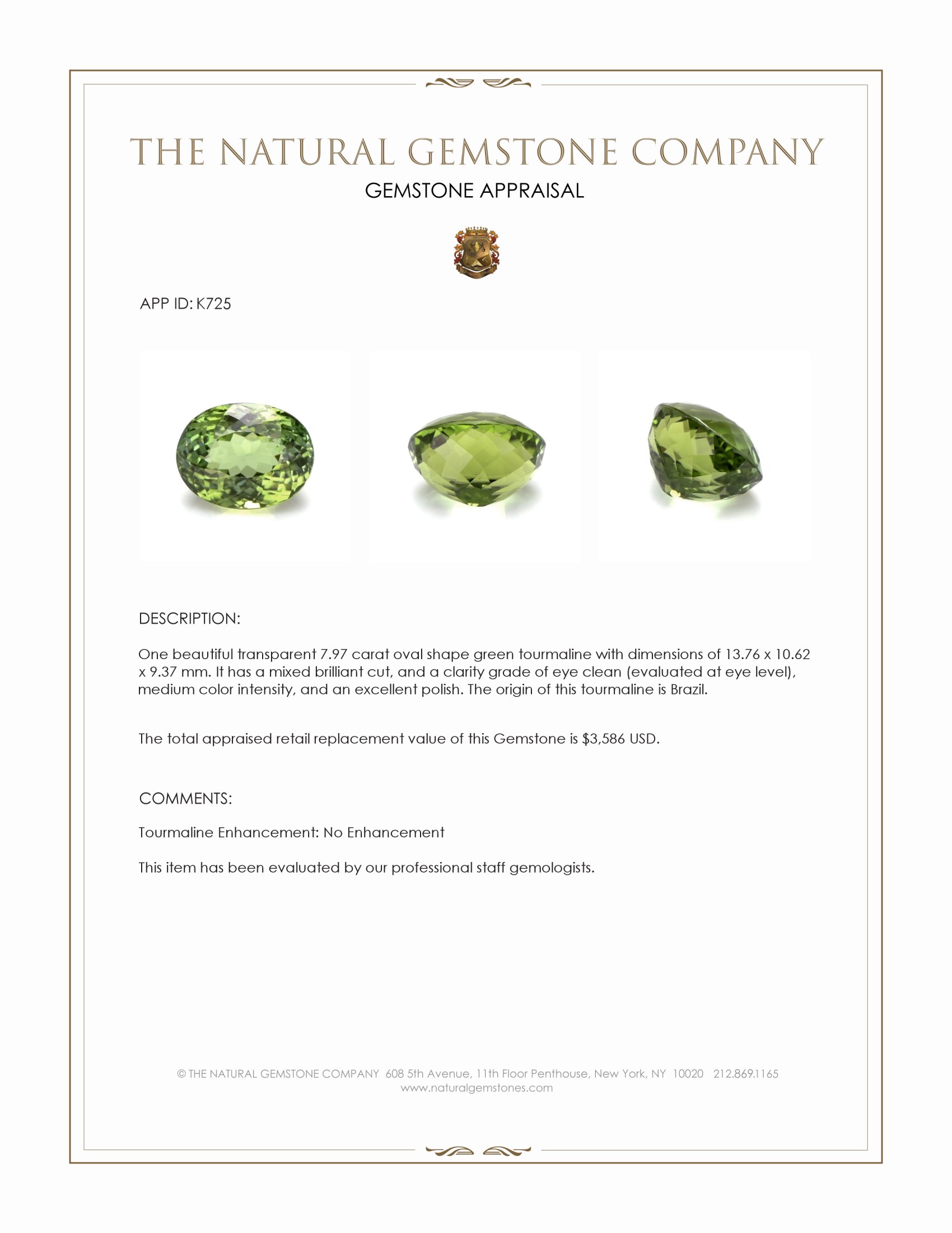7.97 Ct. Green Tourmaline from Brazil