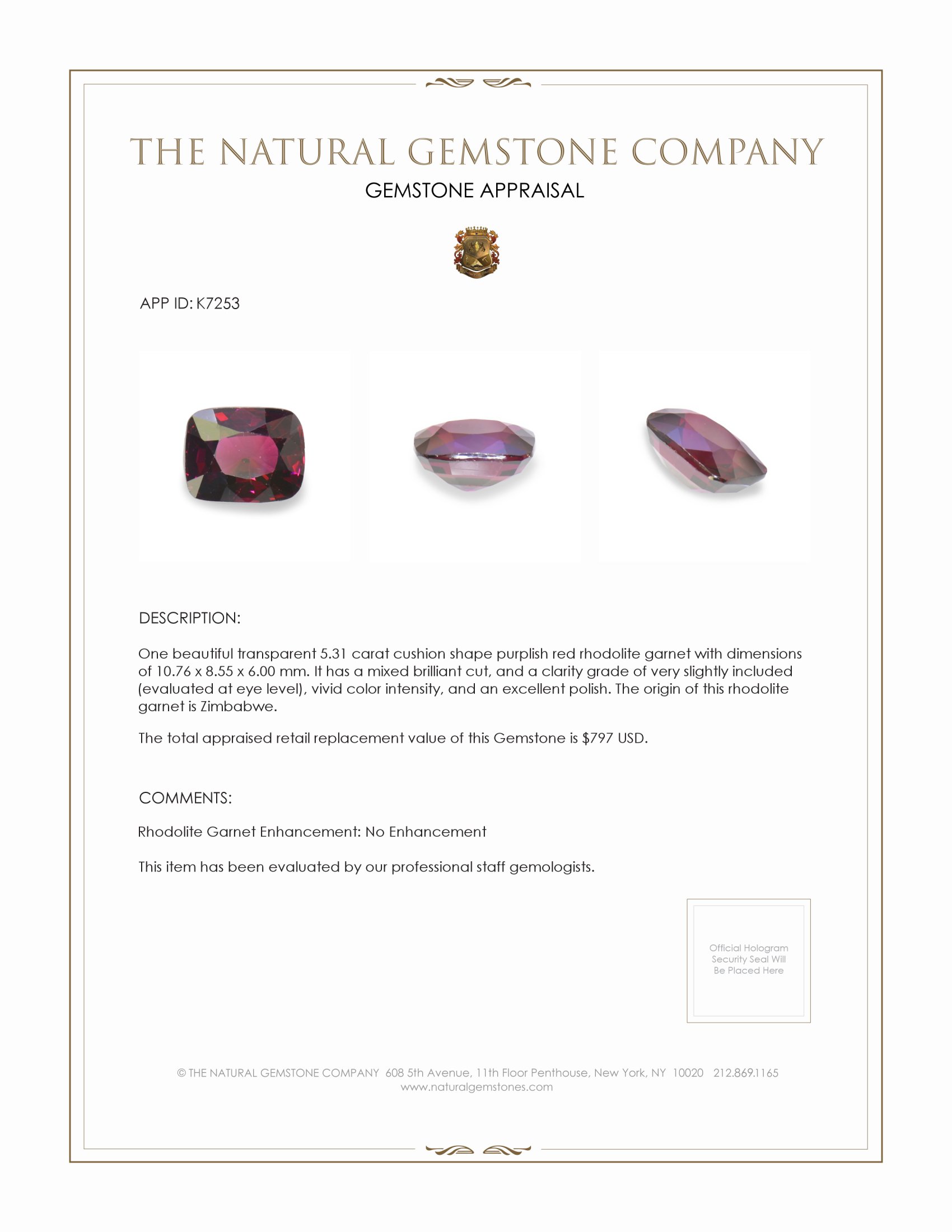 5.31 Ct. Purplish Red Rhodolite Garnet from Zimbabwe