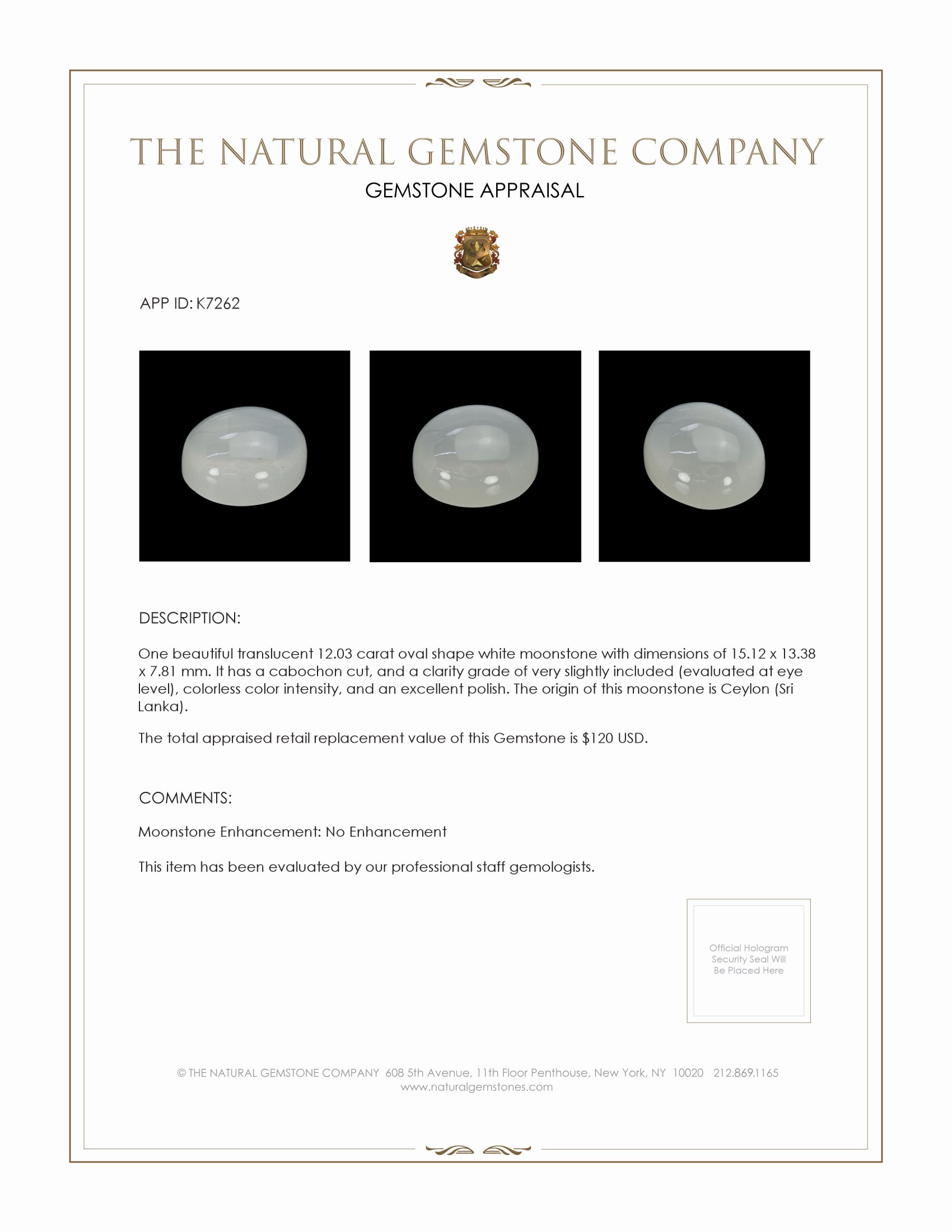 12.03 Ct. Cabochon Moonstone from Ceylon (Sri Lanka)