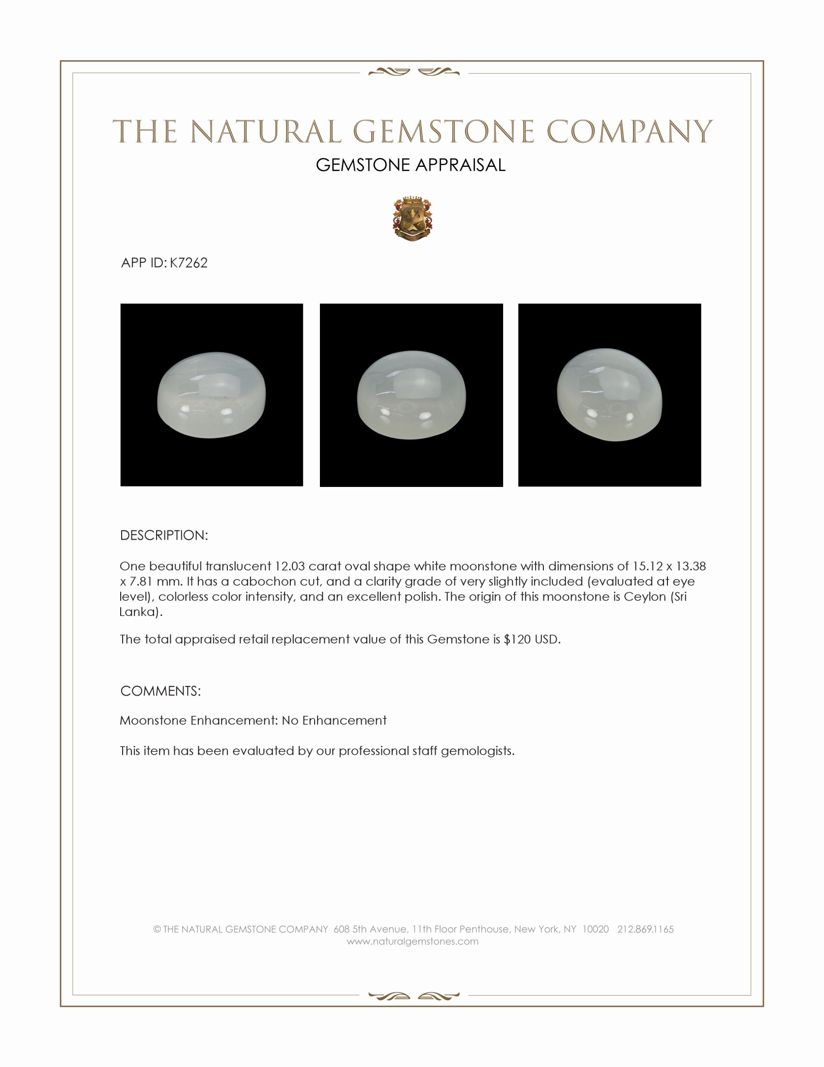 12.03 Ct. Cabochon Moonstone from Ceylon (Sri Lanka)