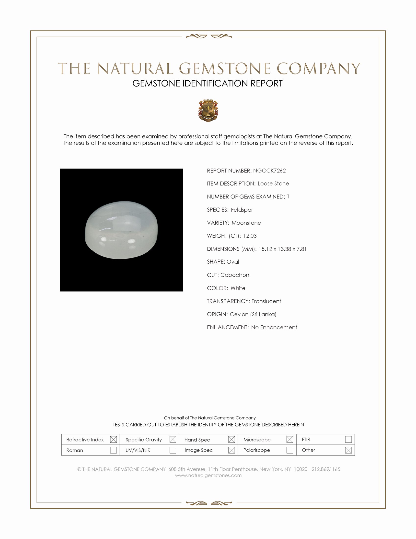 12.03 Ct. White Cabochon Moonstone from Ceylon (Sri Lanka)