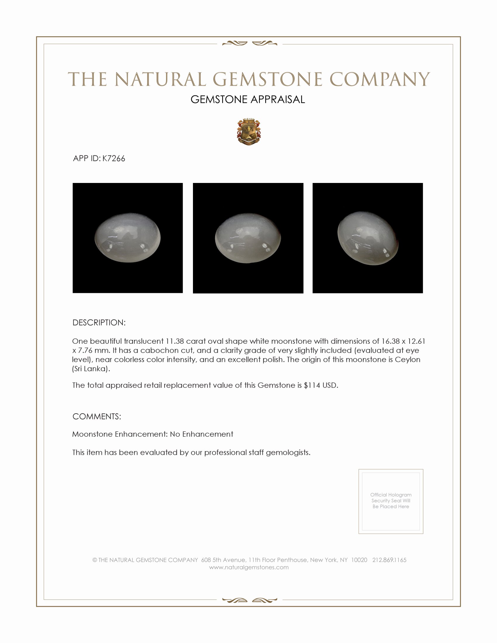 11.38 Ct. Cabochon Moonstone from Ceylon (Sri Lanka)