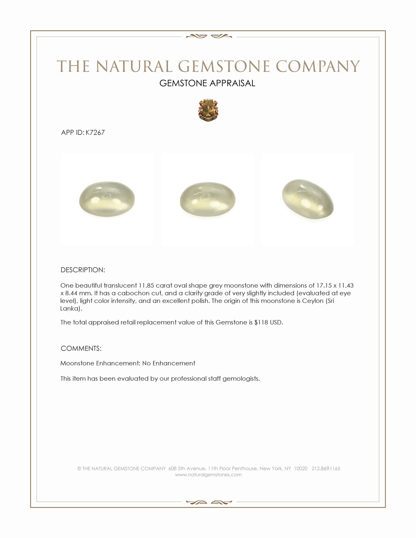 11.85 Ct. Grey Cabochon Moonstone from Ceylon (Sri Lanka)