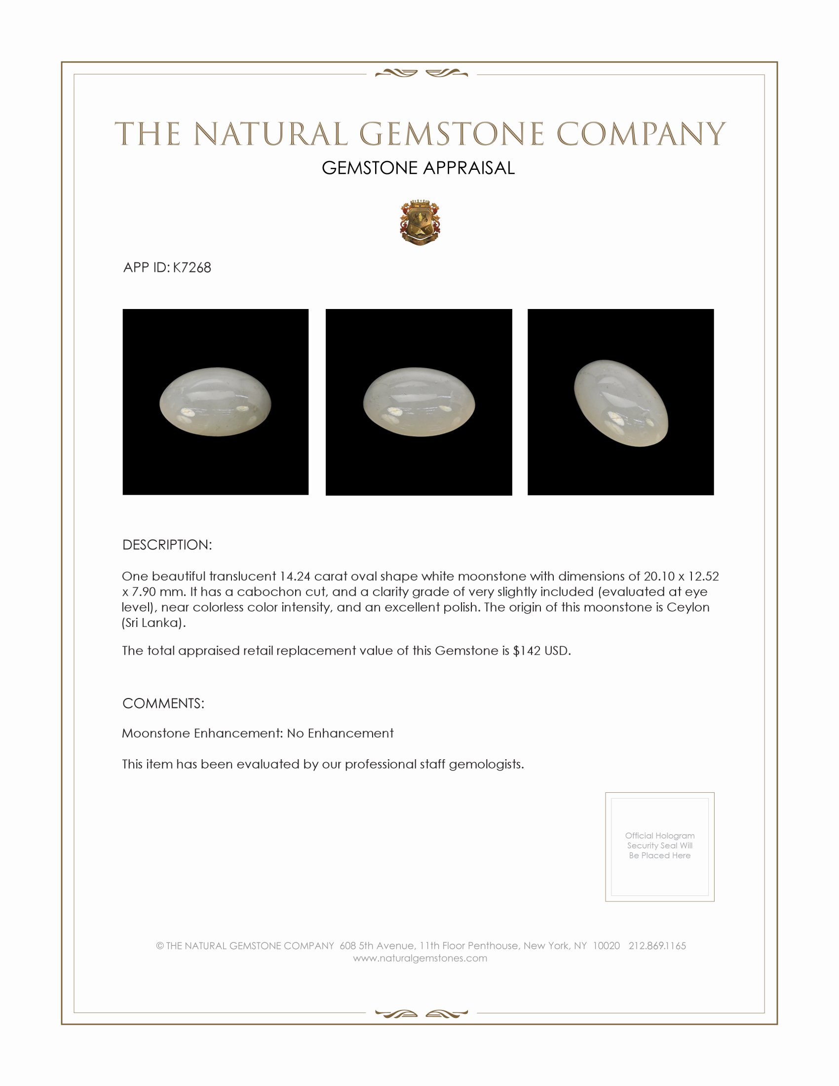 14.24 Ct. Cabochon Moonstone from Ceylon (Sri Lanka)