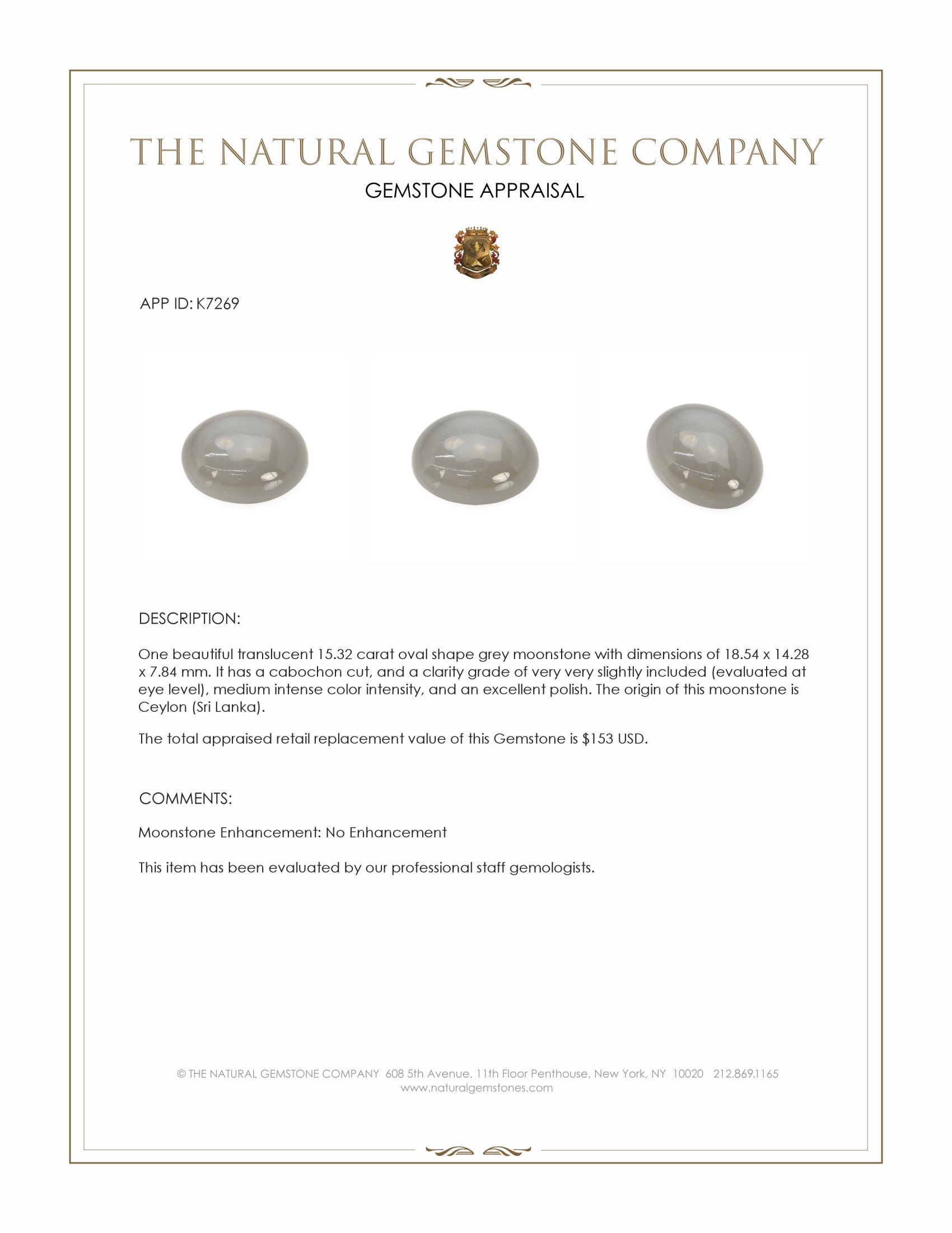 15.32 Ct. Grey Cabochon Moonstone from Ceylon (Sri Lanka)