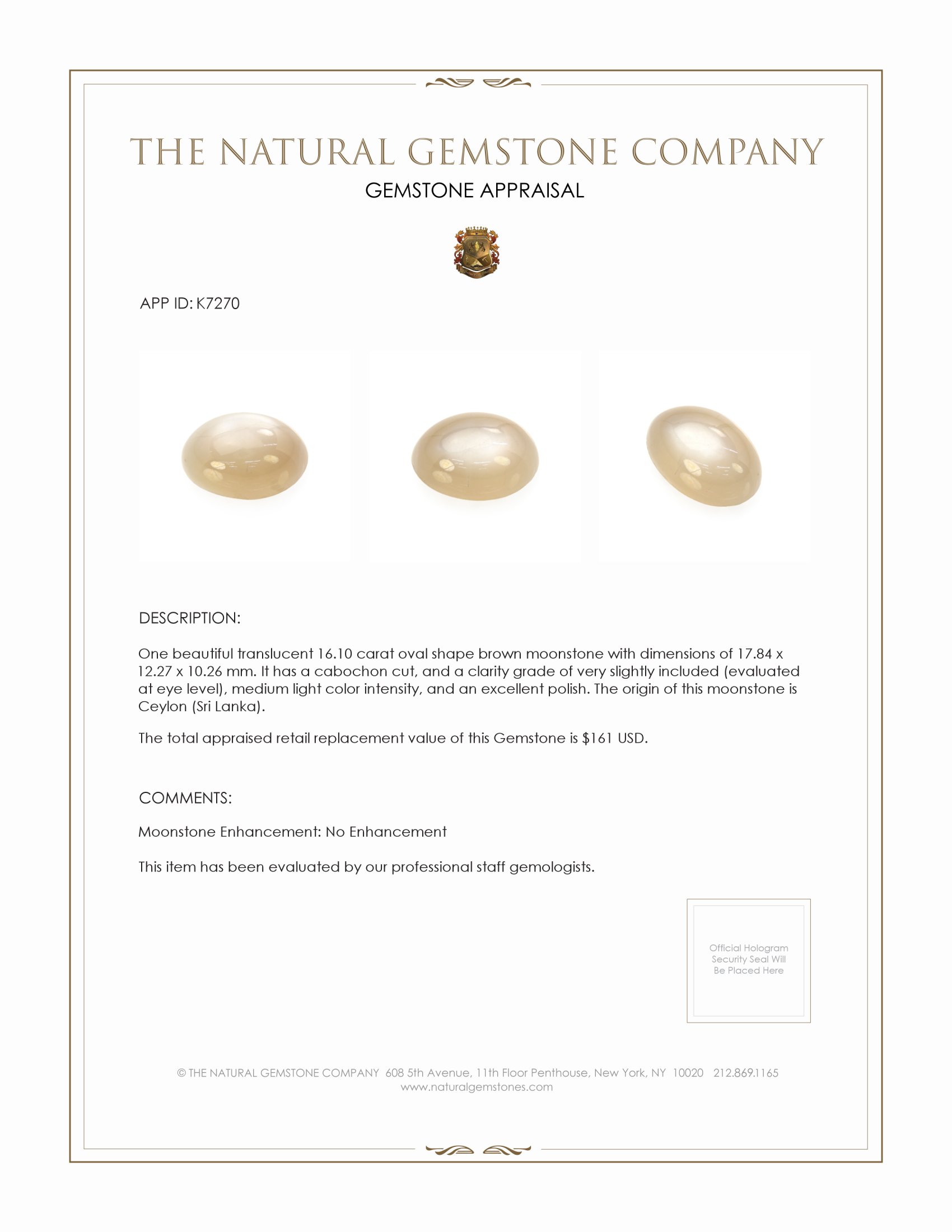 16.10 Ct. Brown Cabochon Moonstone from Ceylon (Sri Lanka)