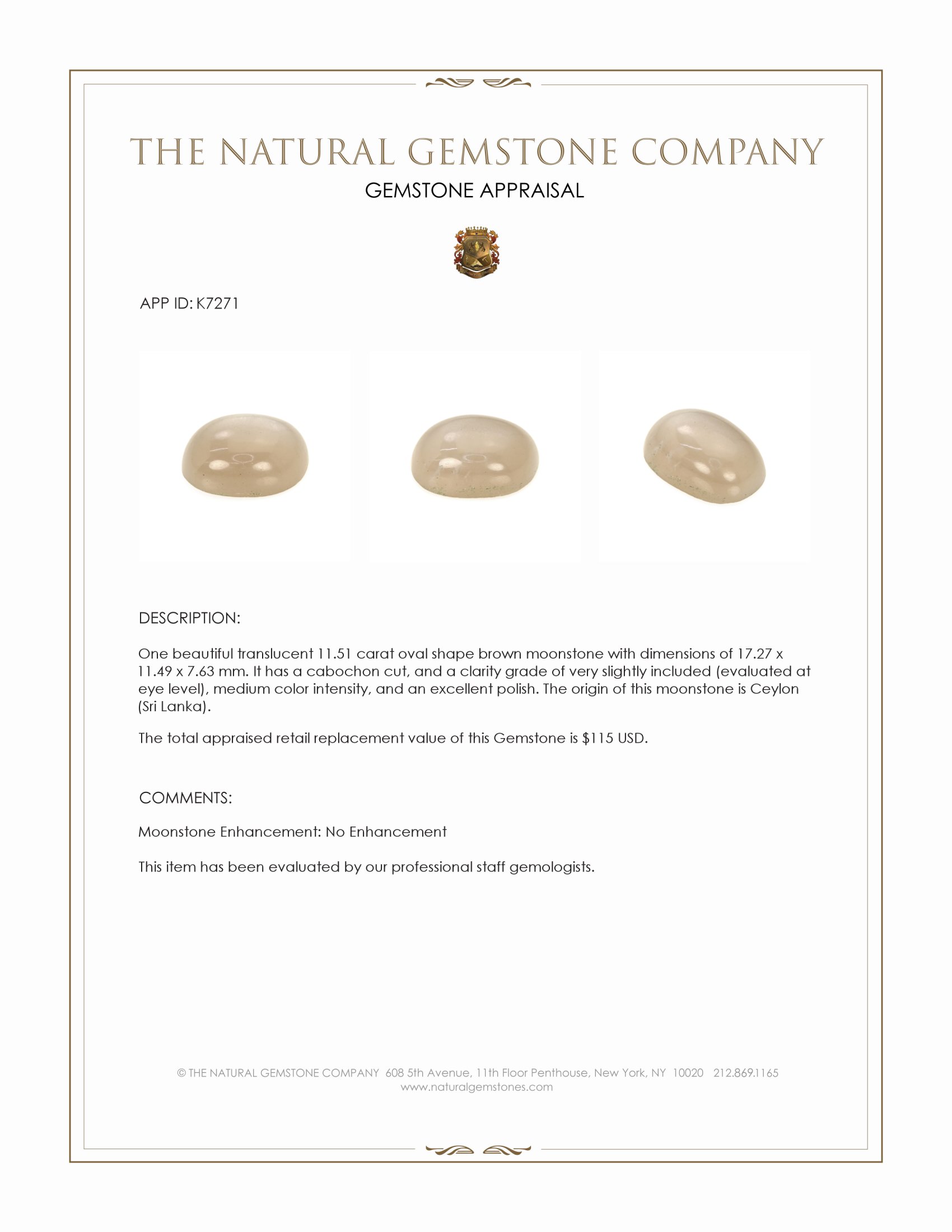 11.51 Ct. Brown Cabochon Moonstone from Ceylon (Sri Lanka)