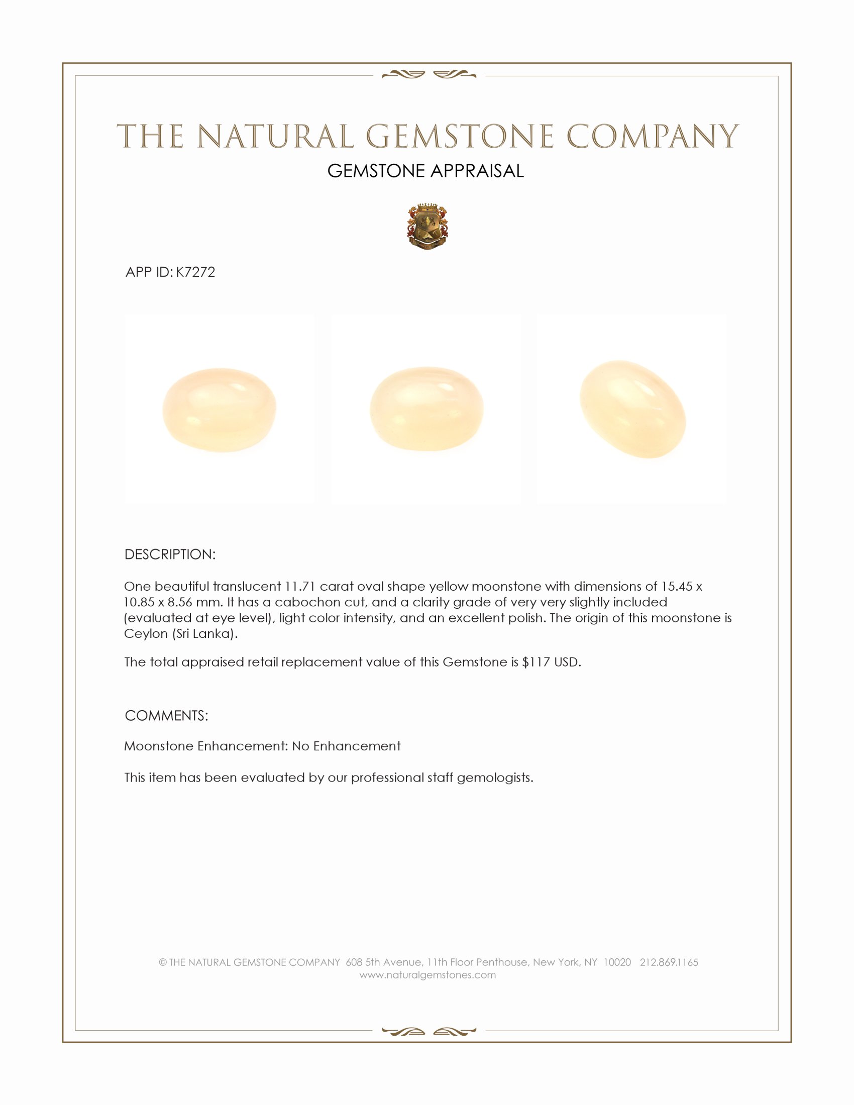 11.71 Ct. Yellow Cabochon Moonstone from Ceylon (Sri Lanka)