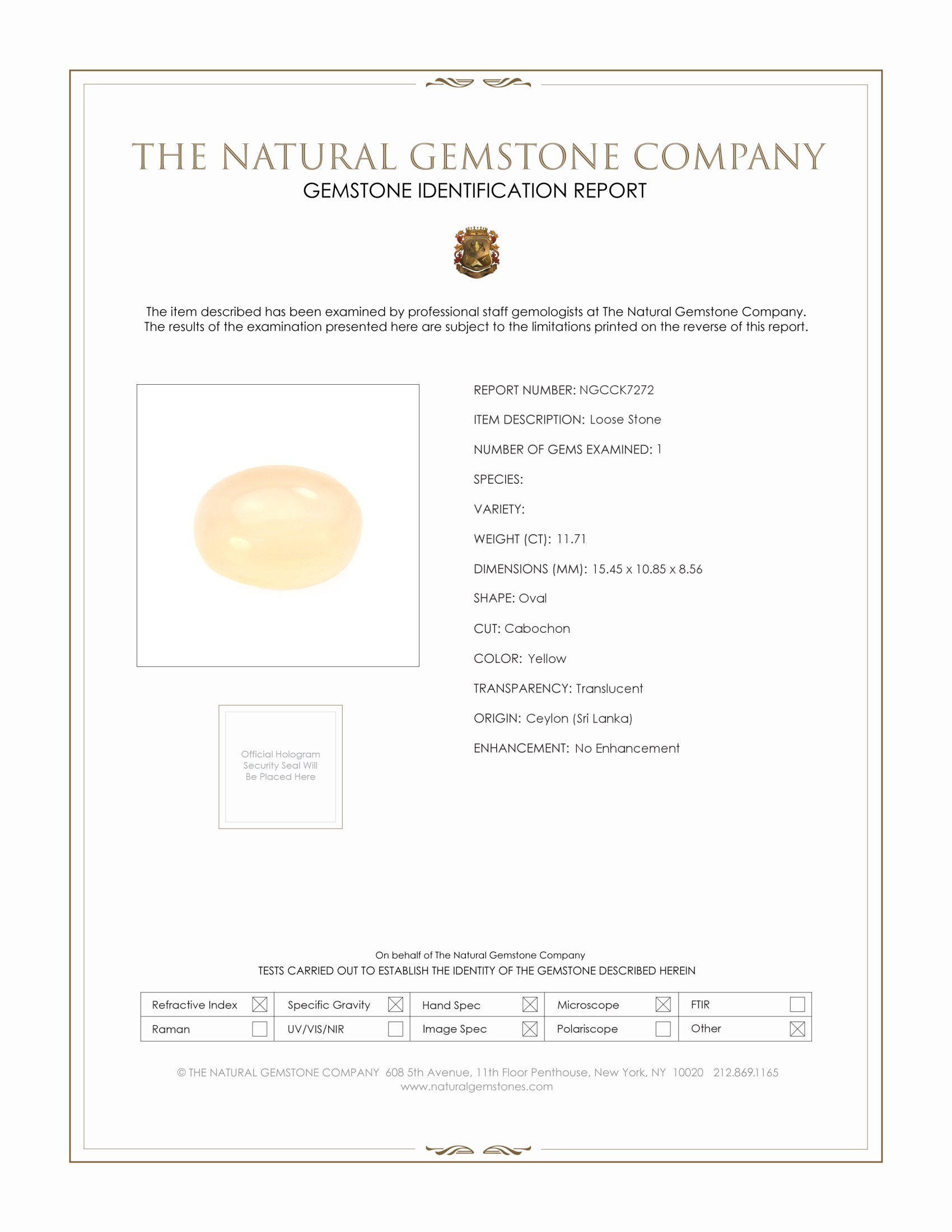 11.71 Ct. Yellow Cabochon Moonstone from Ceylon (Sri Lanka)