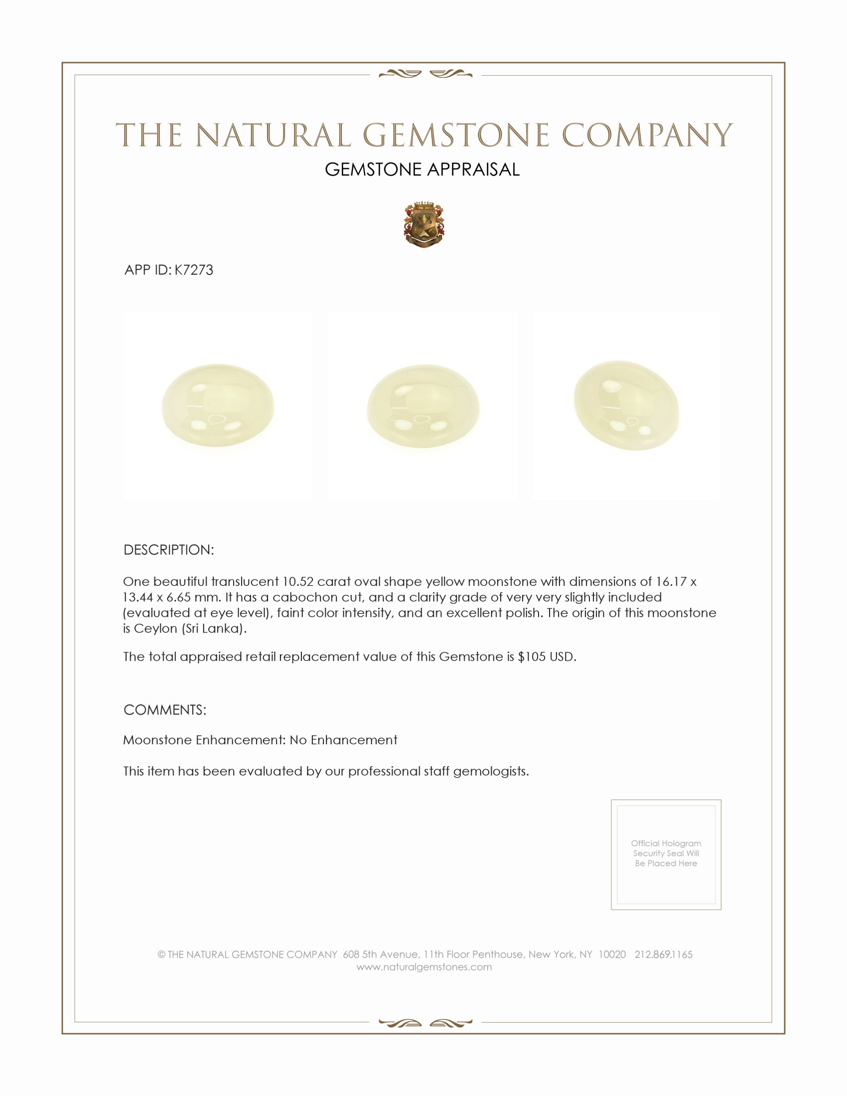 10.52 Ct. White Cabochon Moonstone from Ceylon (Sri Lanka)