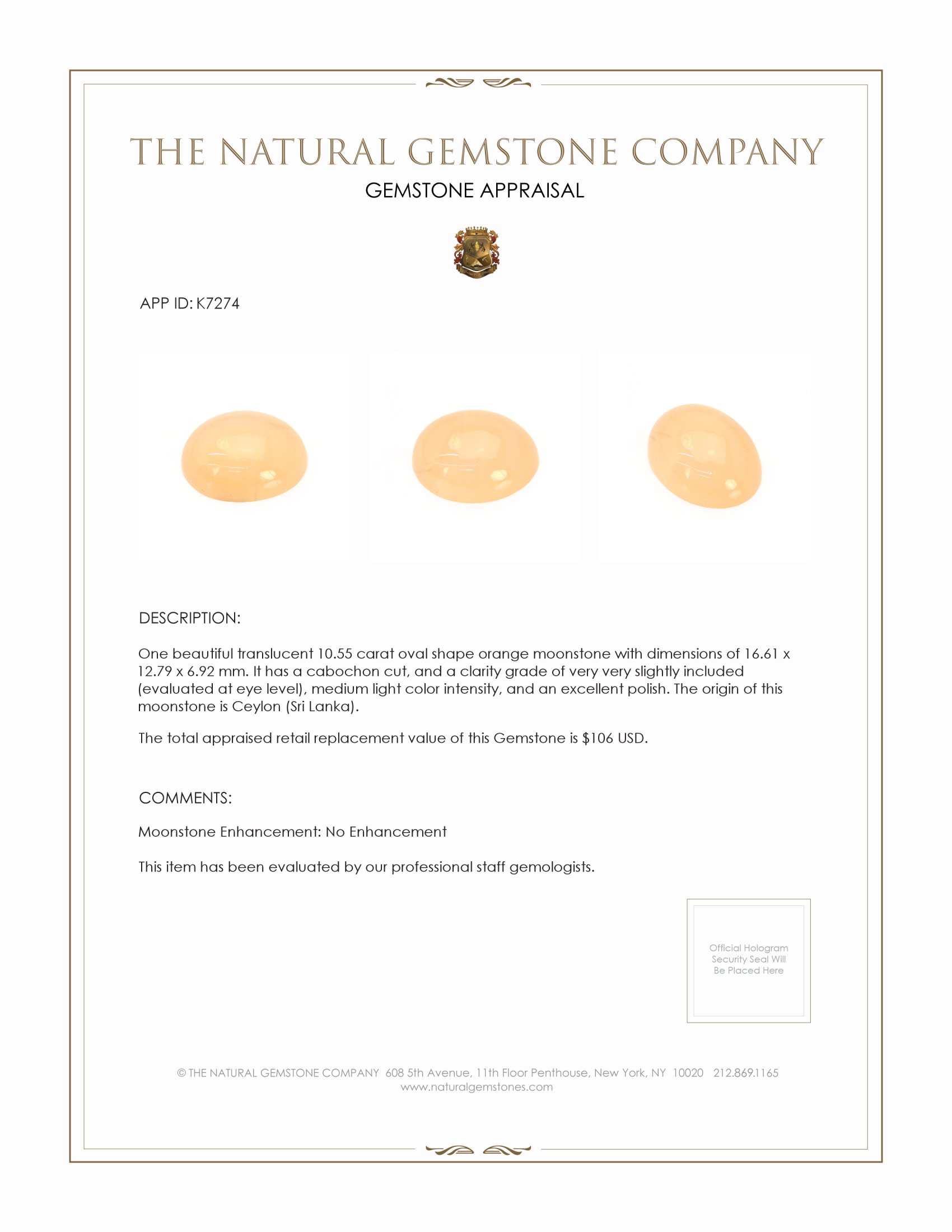 10.55 Ct. Cabochon Moonstone from Ceylon (Sri Lanka)