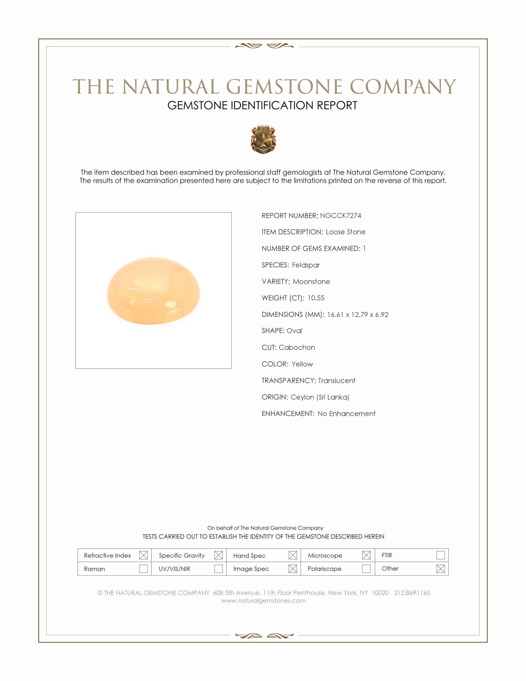 10.55 Ct. Yellow Cabochon Moonstone from Ceylon (Sri Lanka)