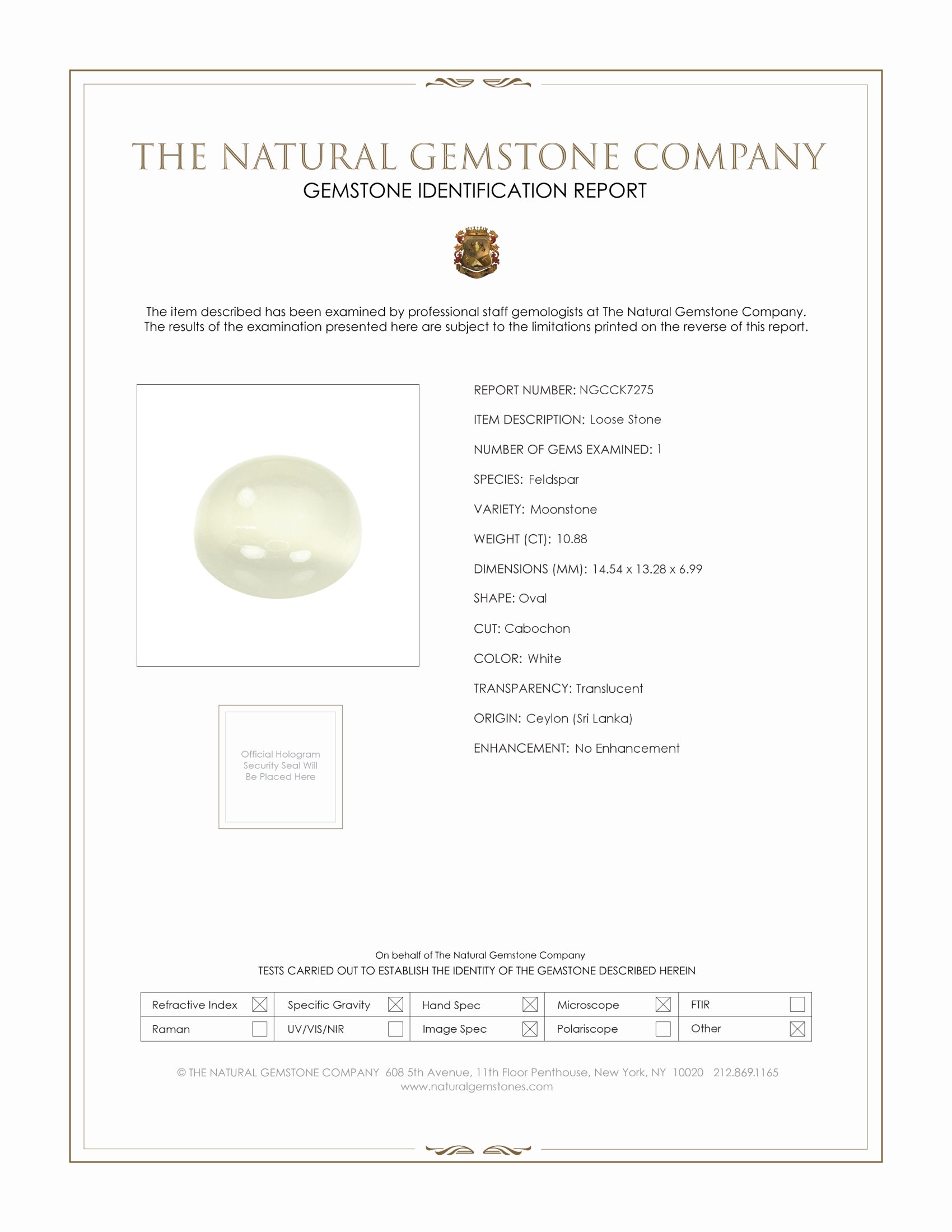 10.88 Ct. White Cabochon Moonstone from Ceylon (Sri Lanka)