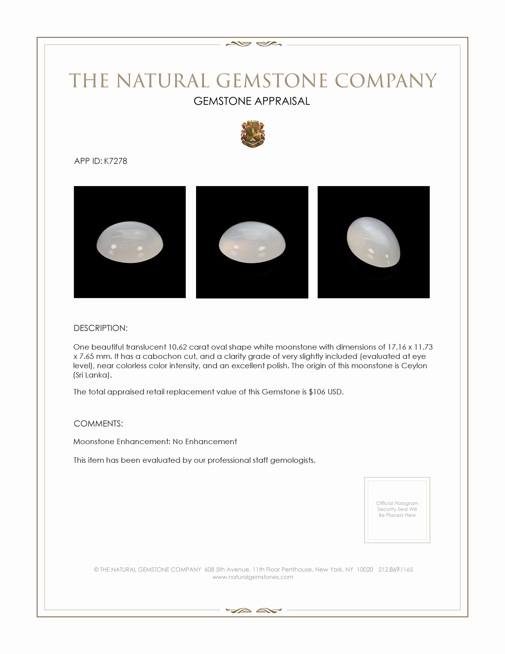 10.62 Ct. Cabochon Moonstone from Ceylon (Sri Lanka)